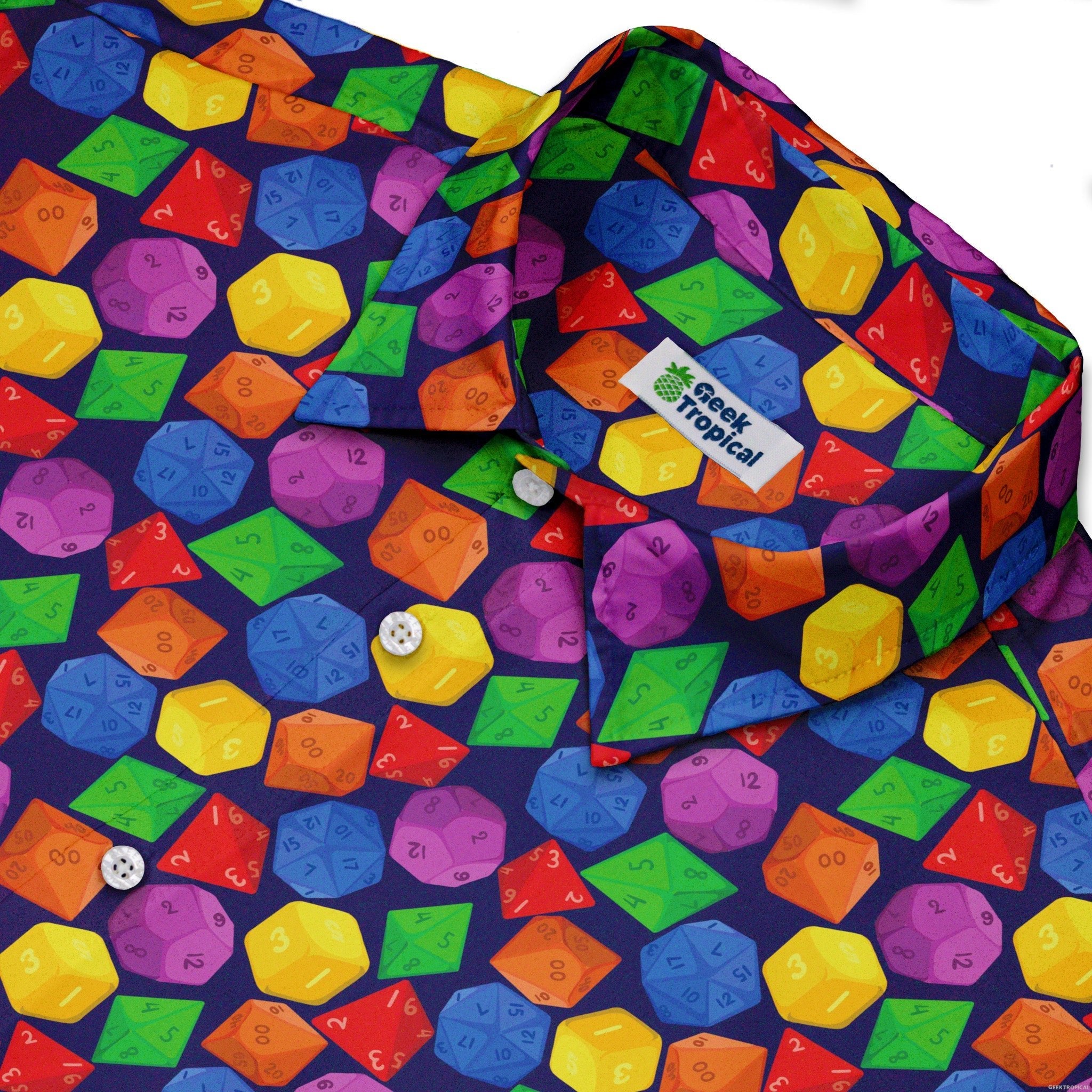 Colorful RPG Dice Pattern Blue Dnd Button Up Shirt - adult sizing - dnd & rpg print - Maximalist Patterns