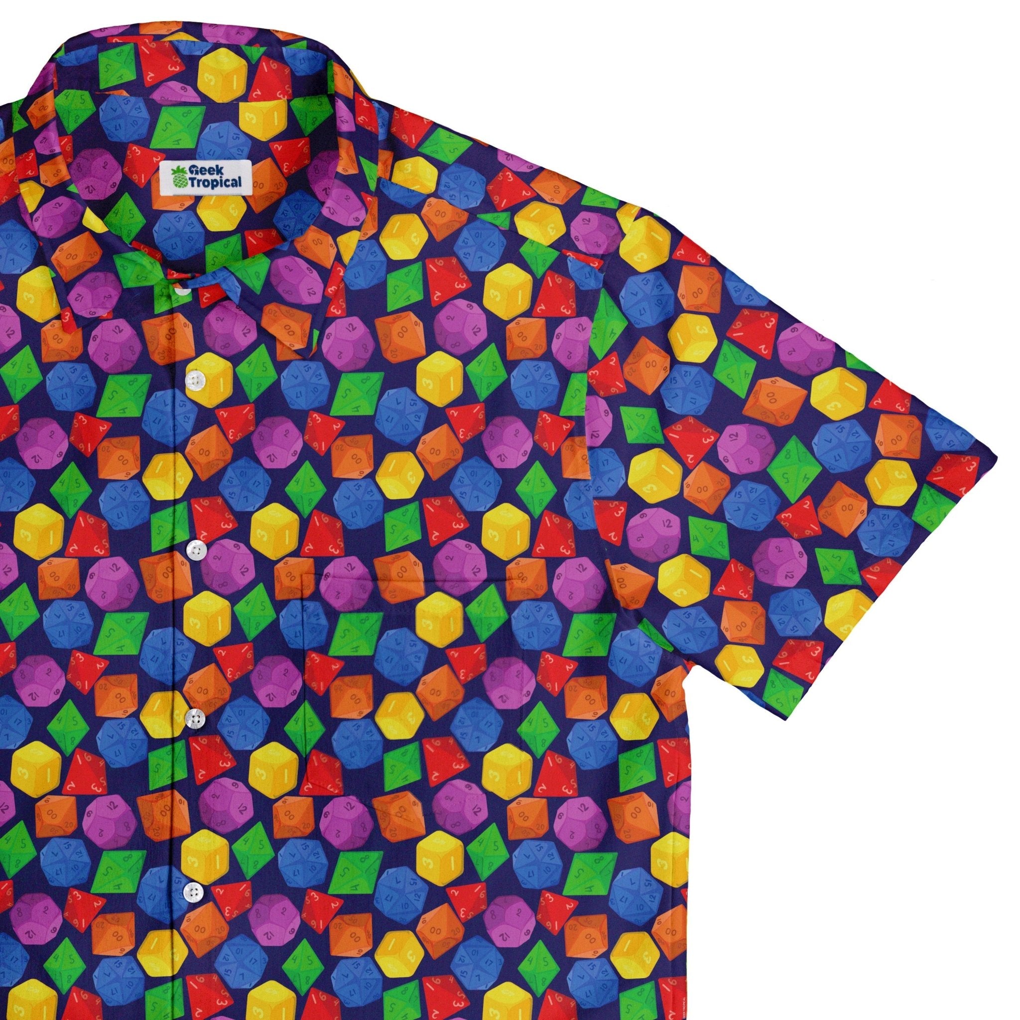 Colorful RPG Dice Pattern Blue Dnd Button Up Shirt - adult sizing - dnd & rpg print - Maximalist Patterns