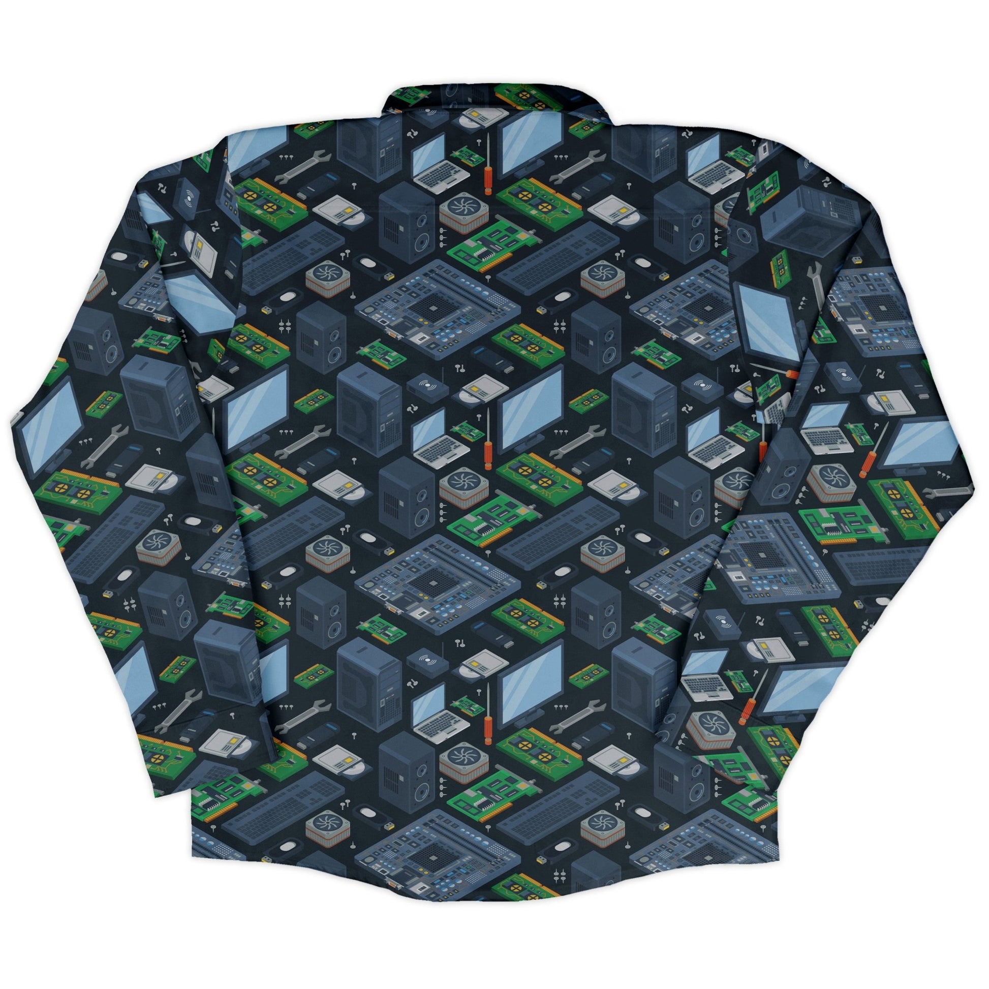 Computer Electronic Parts Dark Navy Long Sleeve Button Up Shirt Geek Nerd adult sizing computer print FLOW DESC WRITING