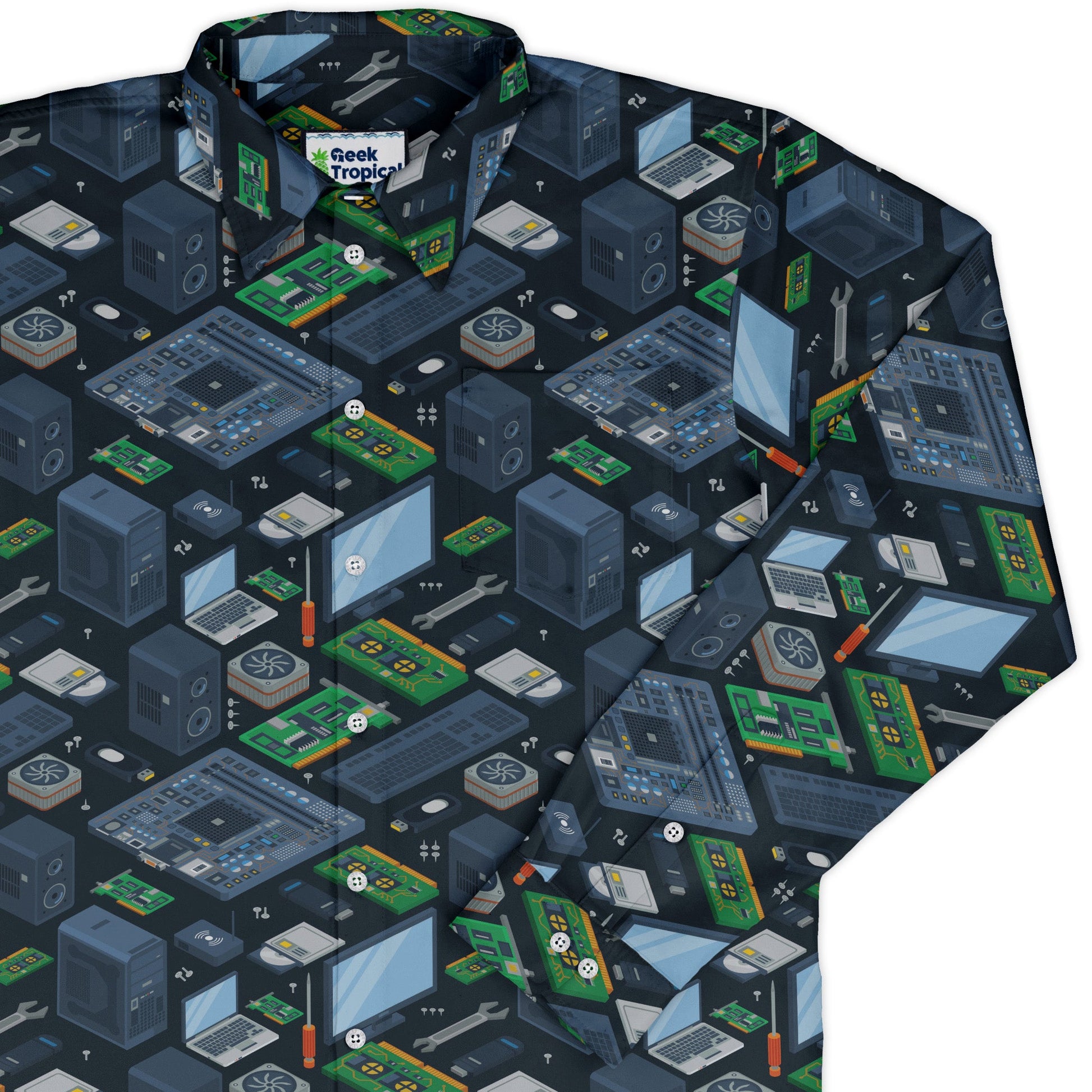 Computer Electronic Parts Dark Navy Long Sleeve Button Up Shirt Geek Nerd adult sizing computer print FLOW DESC WRITING