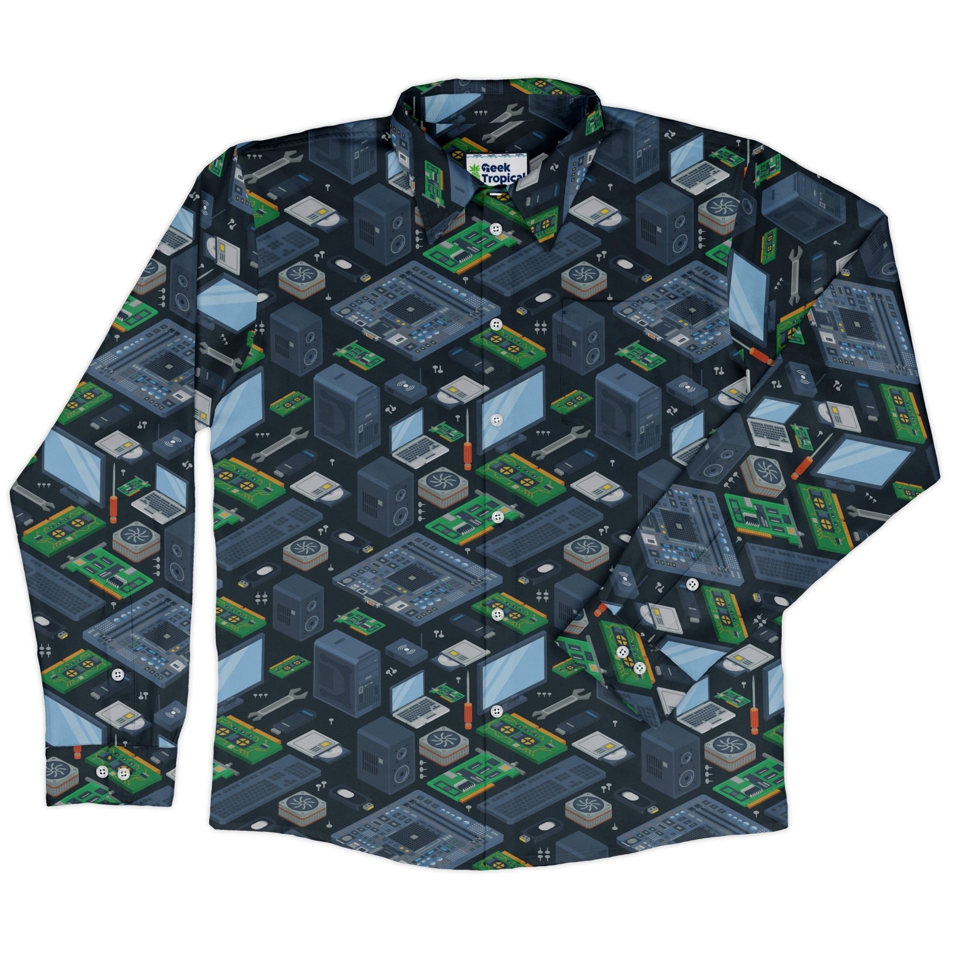 Computer Electronic Parts Dark Navy Long Sleeve Button Up Shirt Geek Nerd adult sizing computer print FLOW DESC WRITING