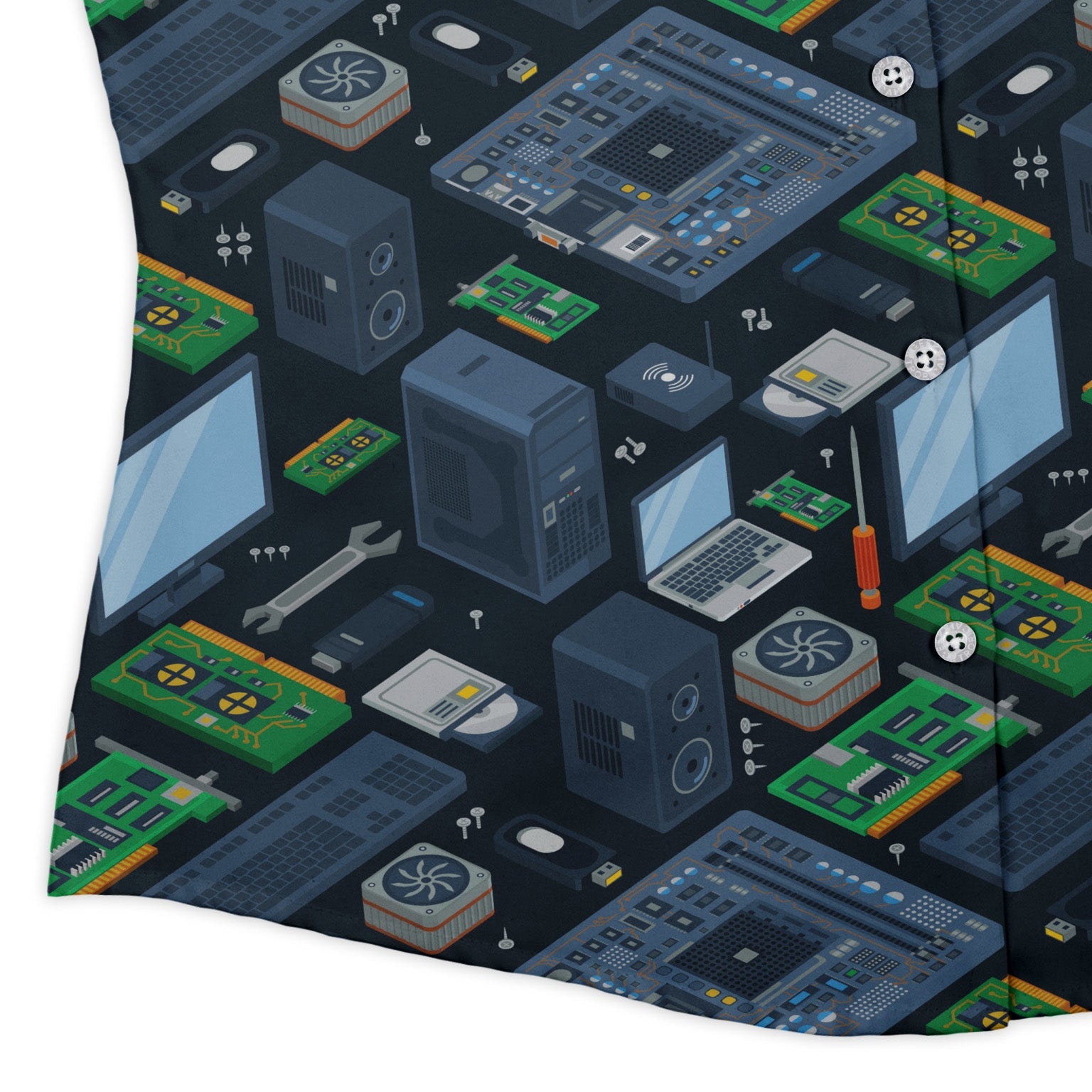 Computer Electronic Parts Dark Navy Curvy Button Up Shirt Geek Nerd computer print Maximalist Patterns women