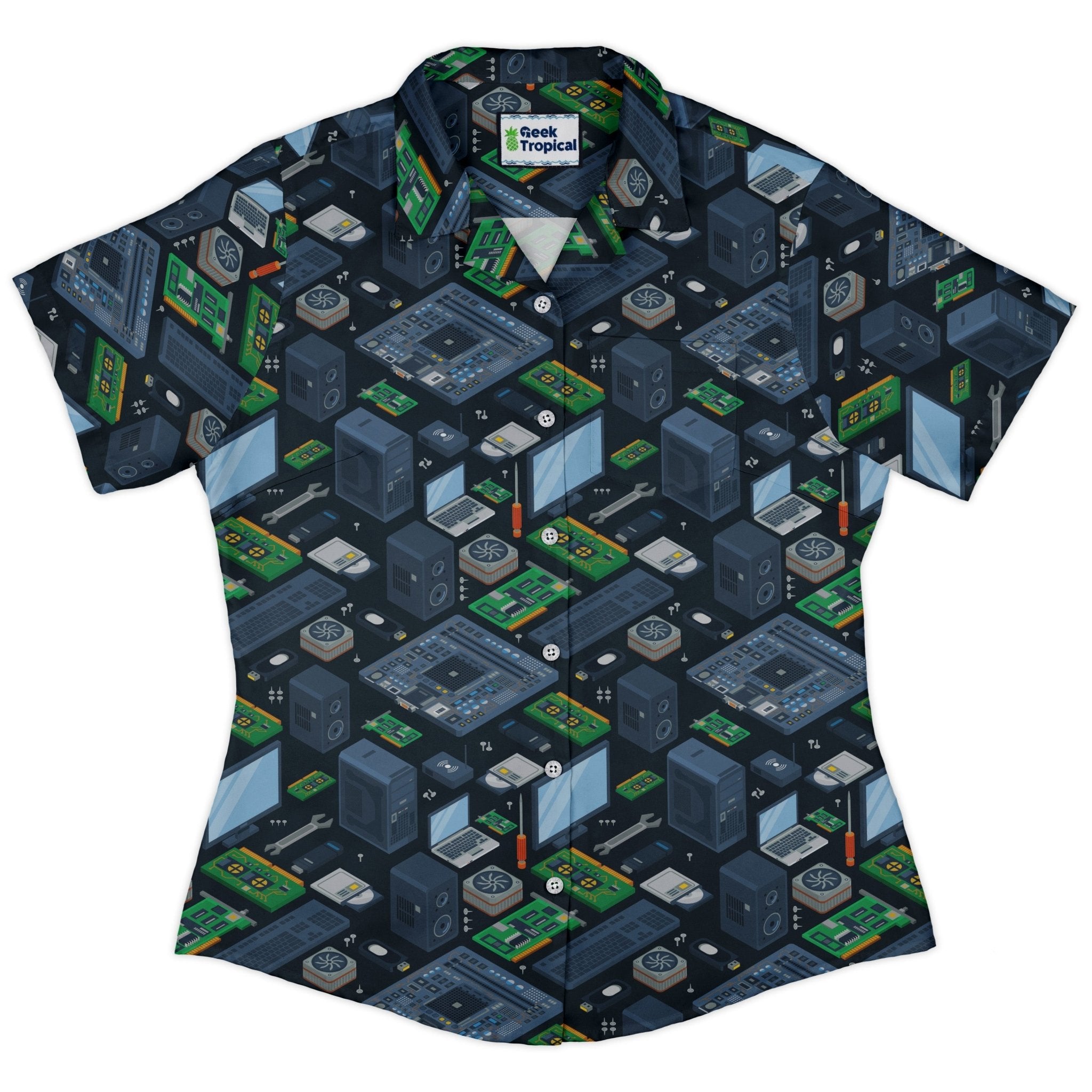 Computer Chip Clothes Computer Electronic Parts Dark Navy Curvy Button Up Shirt | Geek Tropical