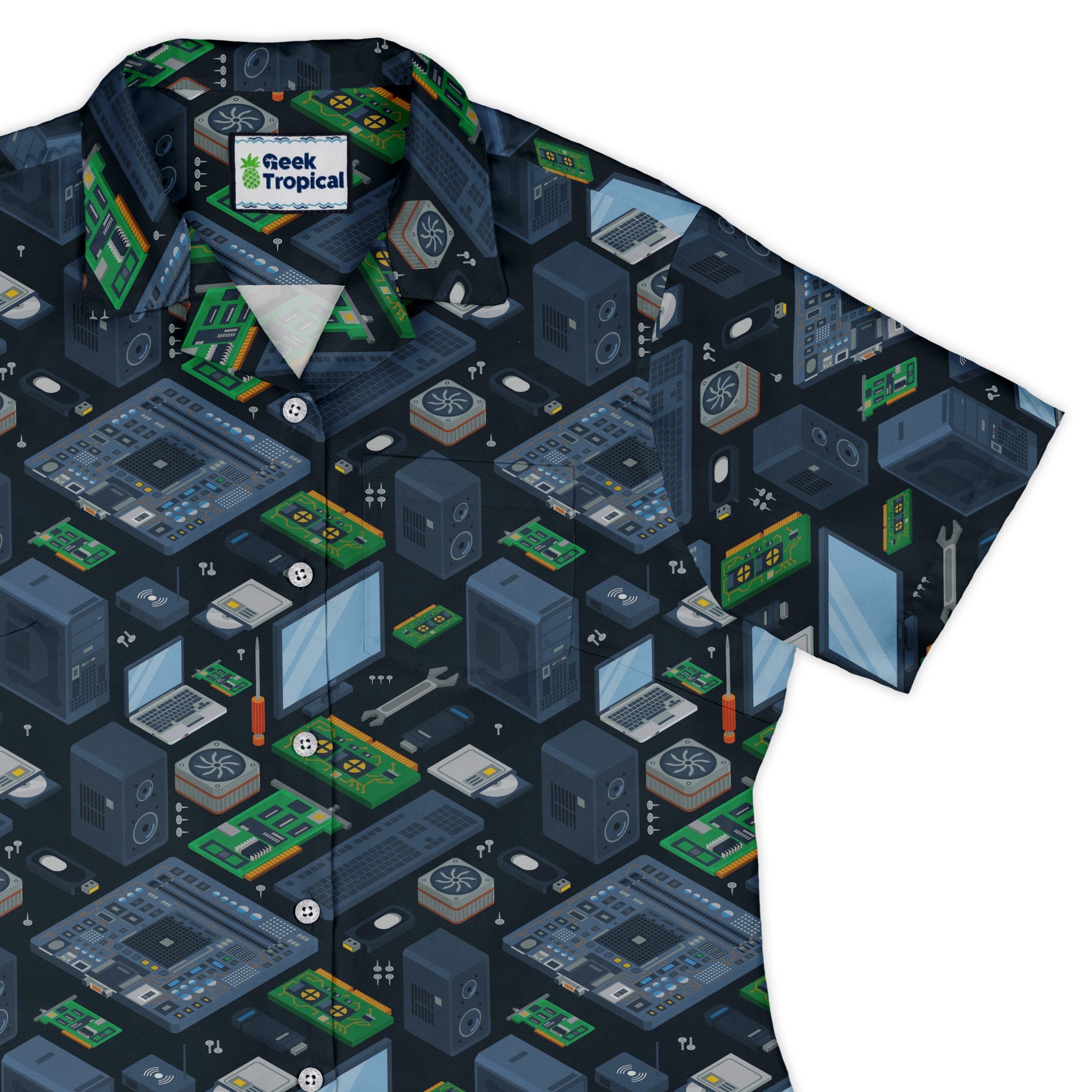 Computer Electronic Parts Dark Navy Curvy Button Up Shirt Geek Nerd computer print Maximalist Patterns women