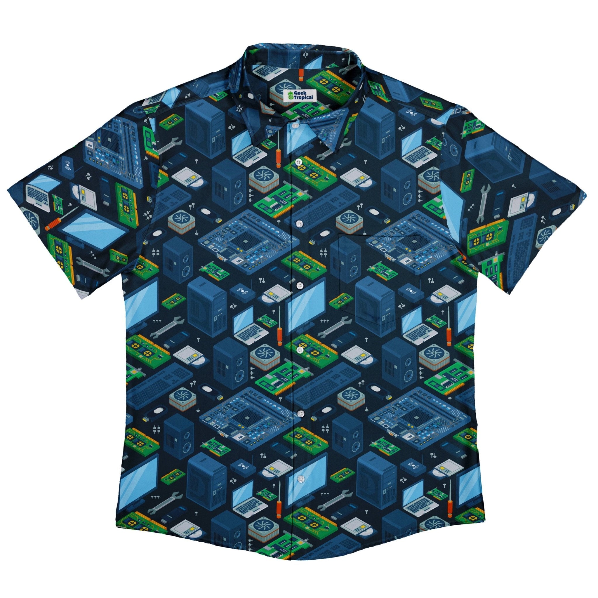 Computer Electronic Parts Dark Navy Button Up Shirt - adult sizing - computer print - Maximalist Patterns