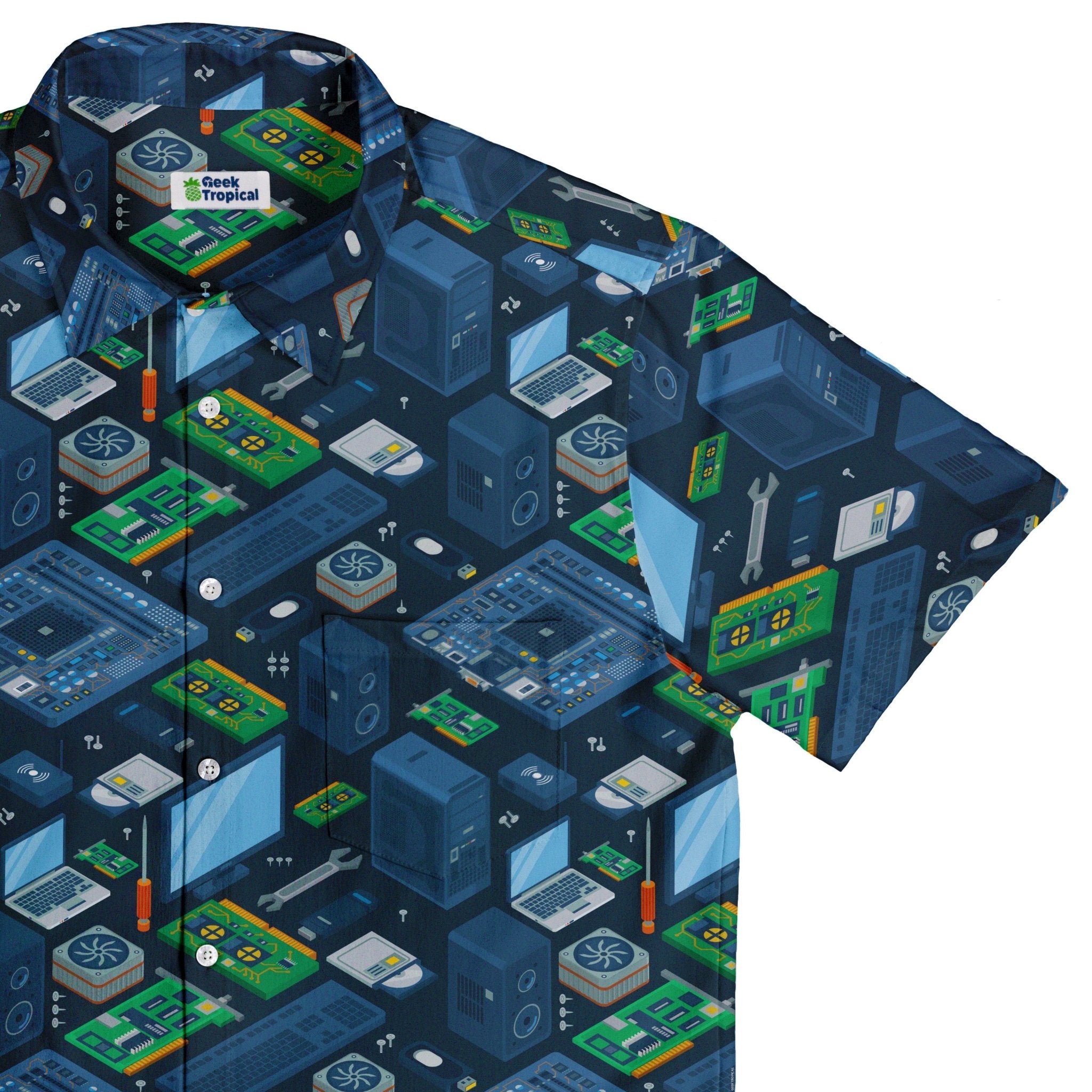 Computer Electronic Parts Dark Navy Button Up Shirt - adult sizing - computer print - Maximalist Patterns