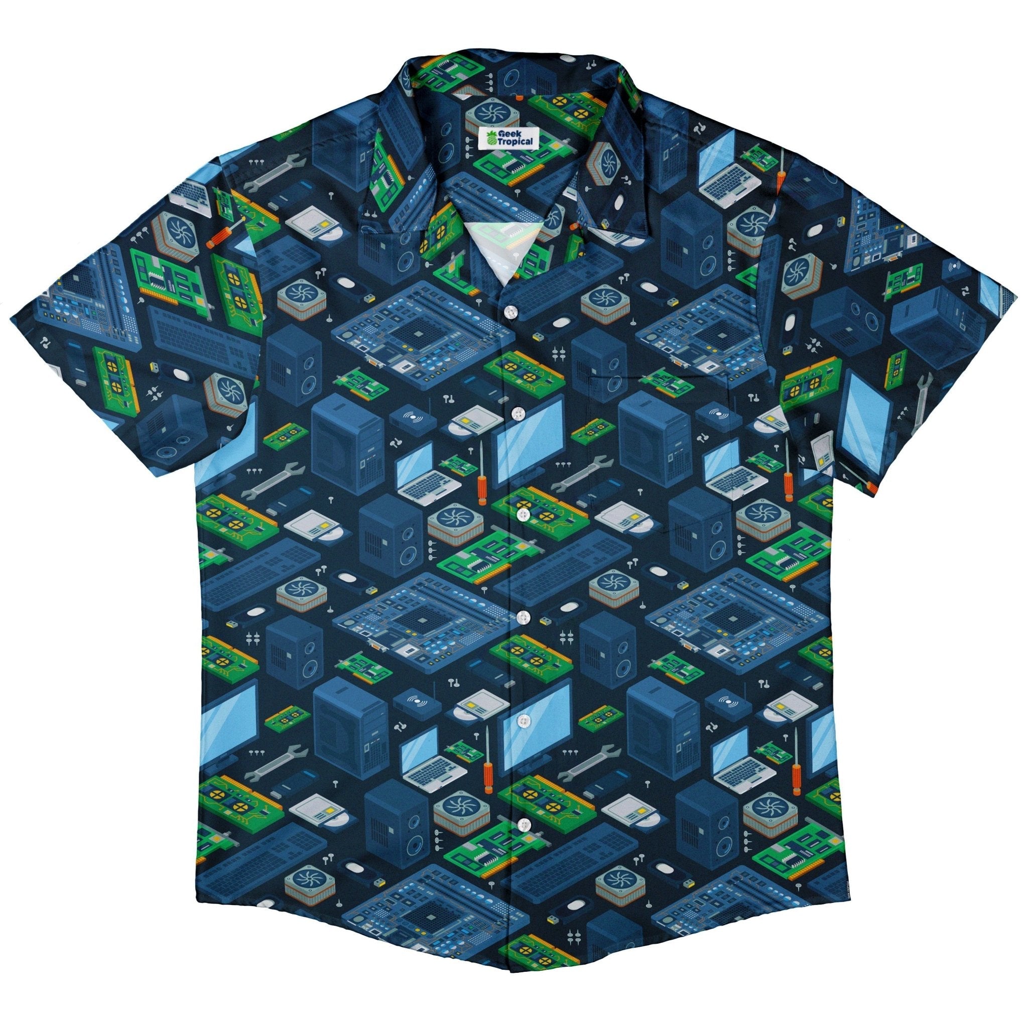 Clearance Ready - to - Ship Computer Electronic Parts Dark Navy Button Up Shirt Geek Nerd adult sizing Clearance computer print