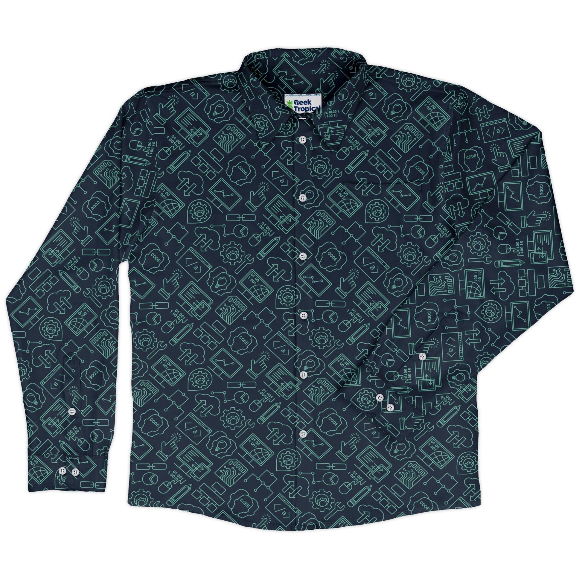 Computer Internet Technology Long Sleeve Button Up Shirt Geek Nerd adult sizing computer print FLOW DESC WRITING