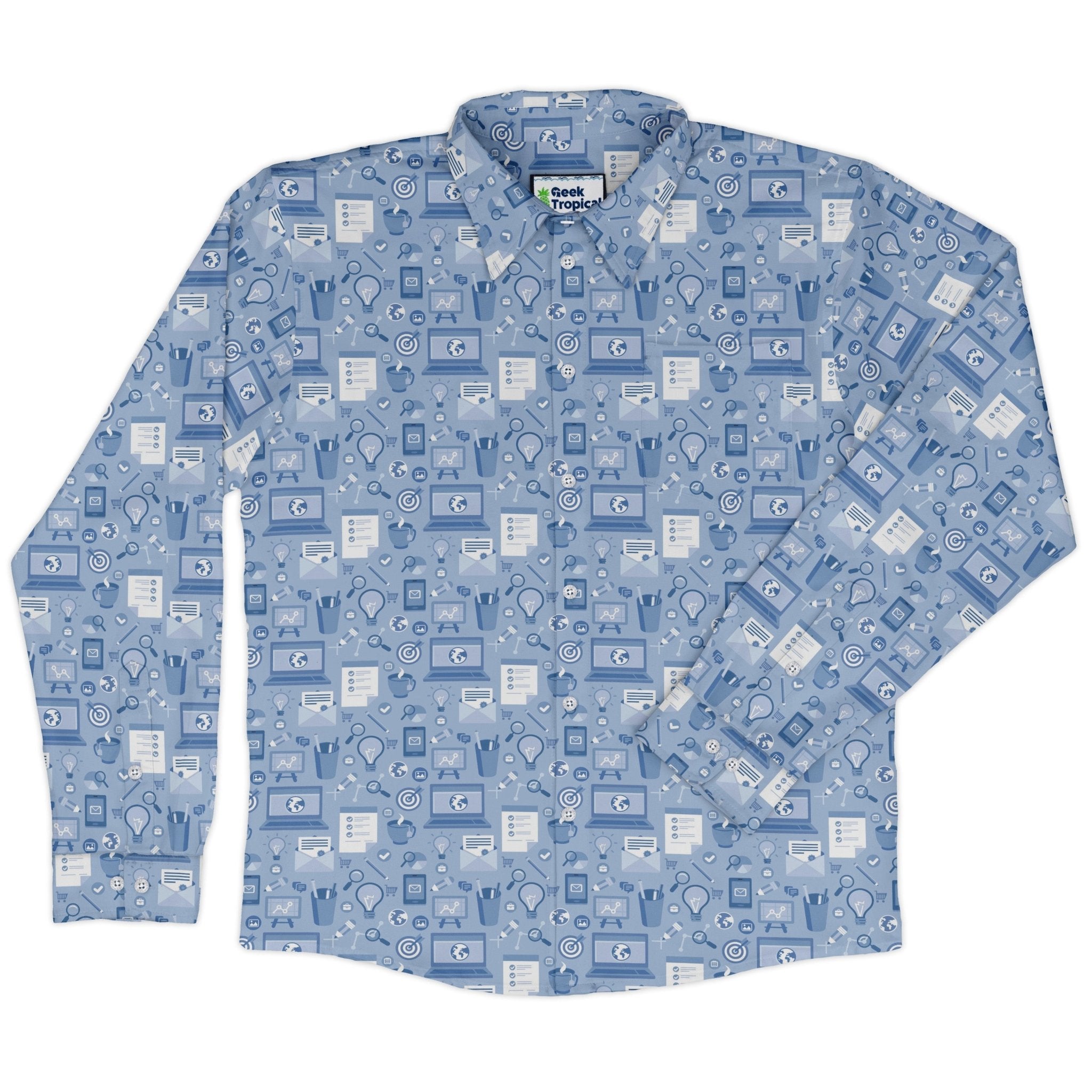 Computer Programmer Life Silver Blue Long Sleeve Button Up Shirt Geek Nerd adult sizing computer print FLOW DESC WRITING