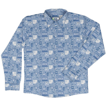 Computer Programmer Life Silver Blue Long Sleeve Button Up Shirt Geek Nerd adult sizing computer print FLOW DESC WRITING