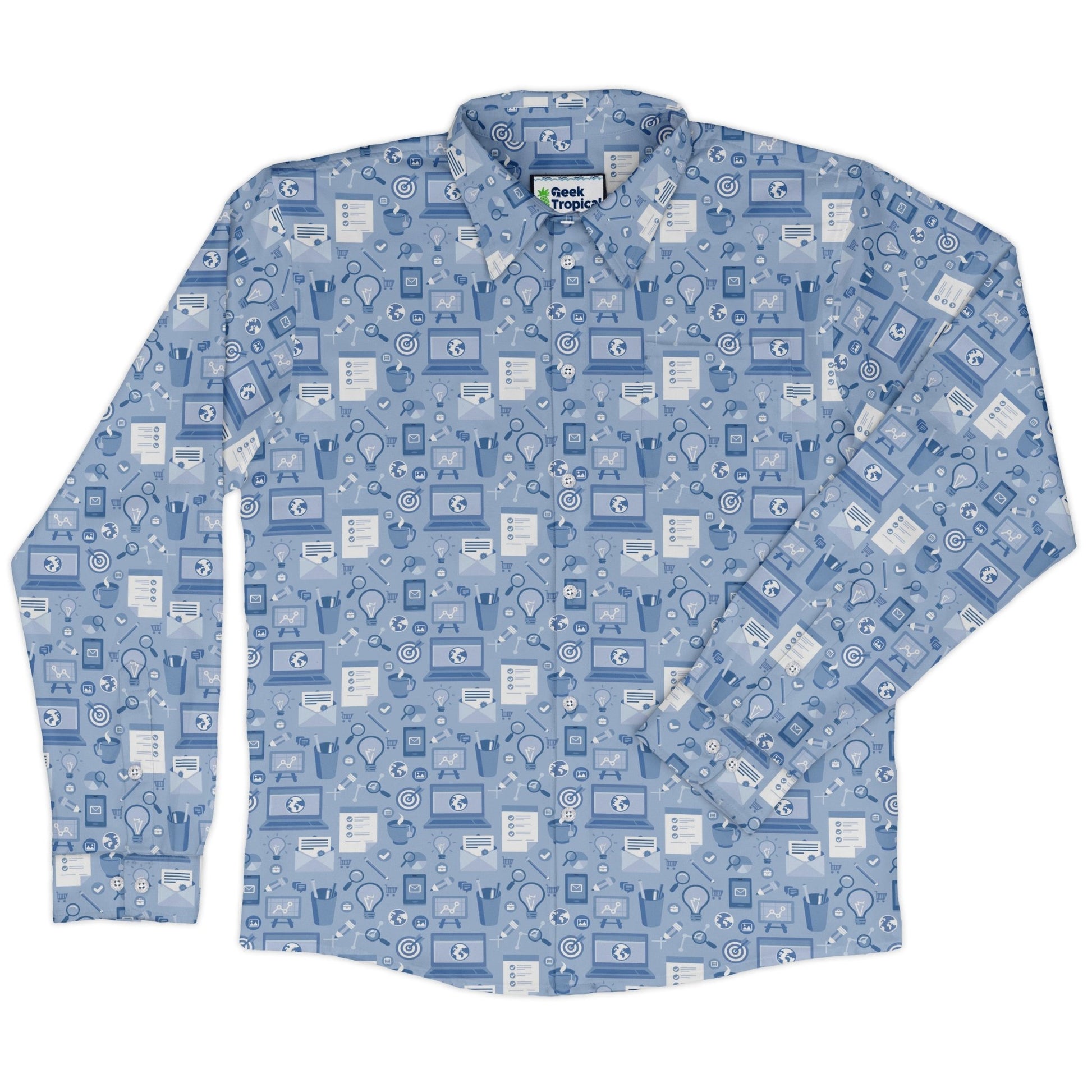 Computer Programmer Life Silver Blue Long Sleeve Button Up Shirt Geek Nerd adult sizing computer print FLOW DESC WRITING