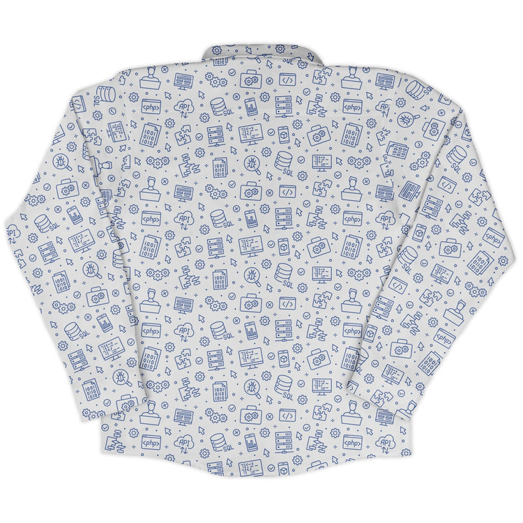 Computer Software Engineer White Long Sleeve Button Up Shirt Geek Nerd adult sizing computer print FLOW DESC WRITING