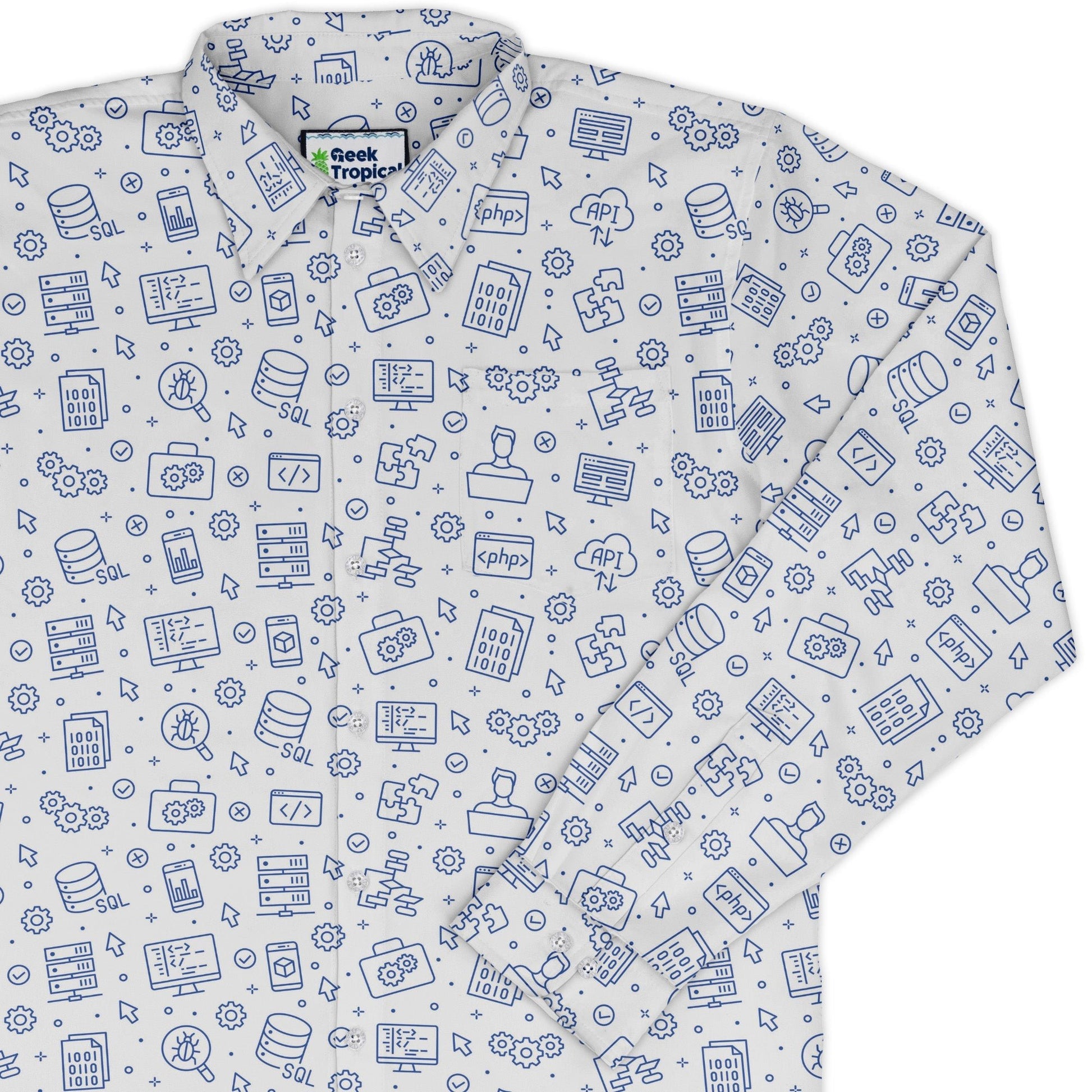 Computer Software Engineer White Long Sleeve Button Up Shirt Geek Nerd adult sizing computer print FLOW DESC WRITING