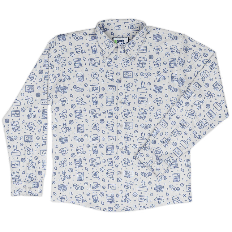 Computer Software Engineer White Long Sleeve Button Up Shirt Geek Nerd adult sizing computer print FLOW DESC WRITING