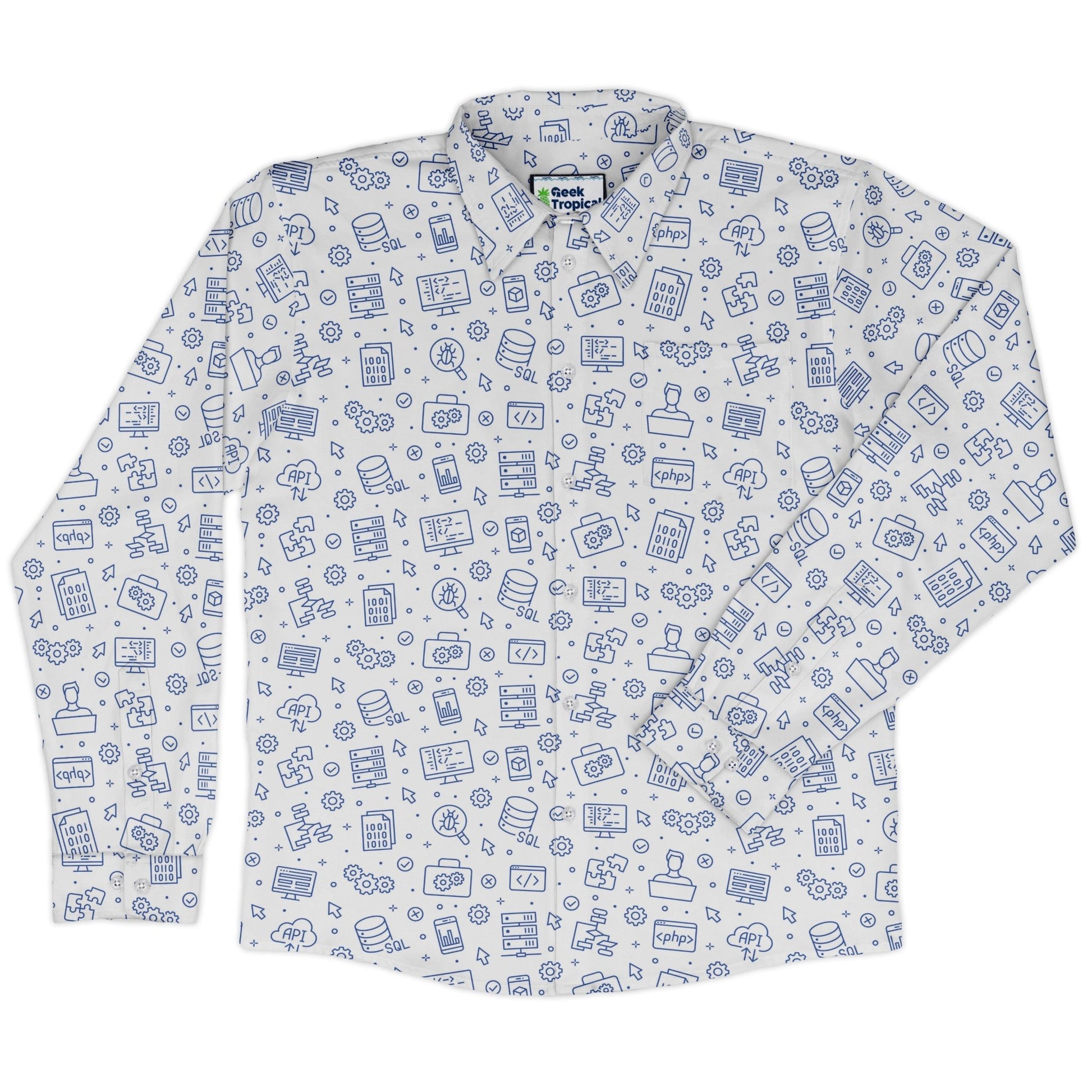 Computer Software Engineer White Long Sleeve Button Up Shirt Geek Nerd adult sizing computer print FLOW DESC WRITING