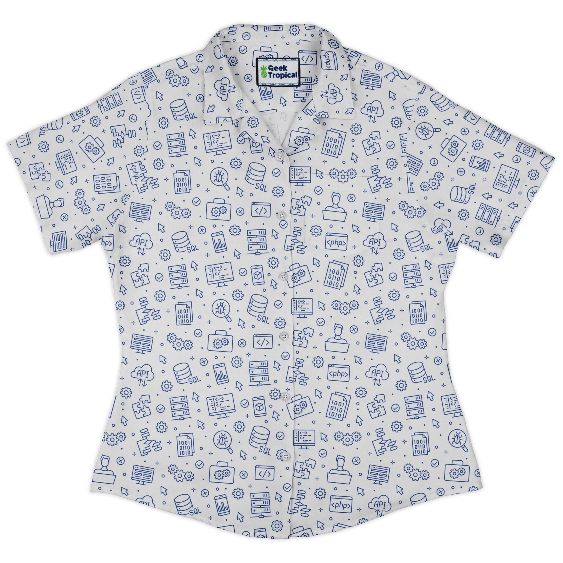 Clearance Ready - to - Ship Computer Software Engineer White Curvy Button Up Shirt Geek Nerd Clearance computer print Ready - to - Ship