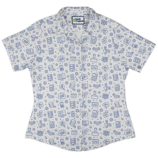 Computer Software Engineer White Curvy Button Up Shirt Geek Nerd computer print Simple Patterns women