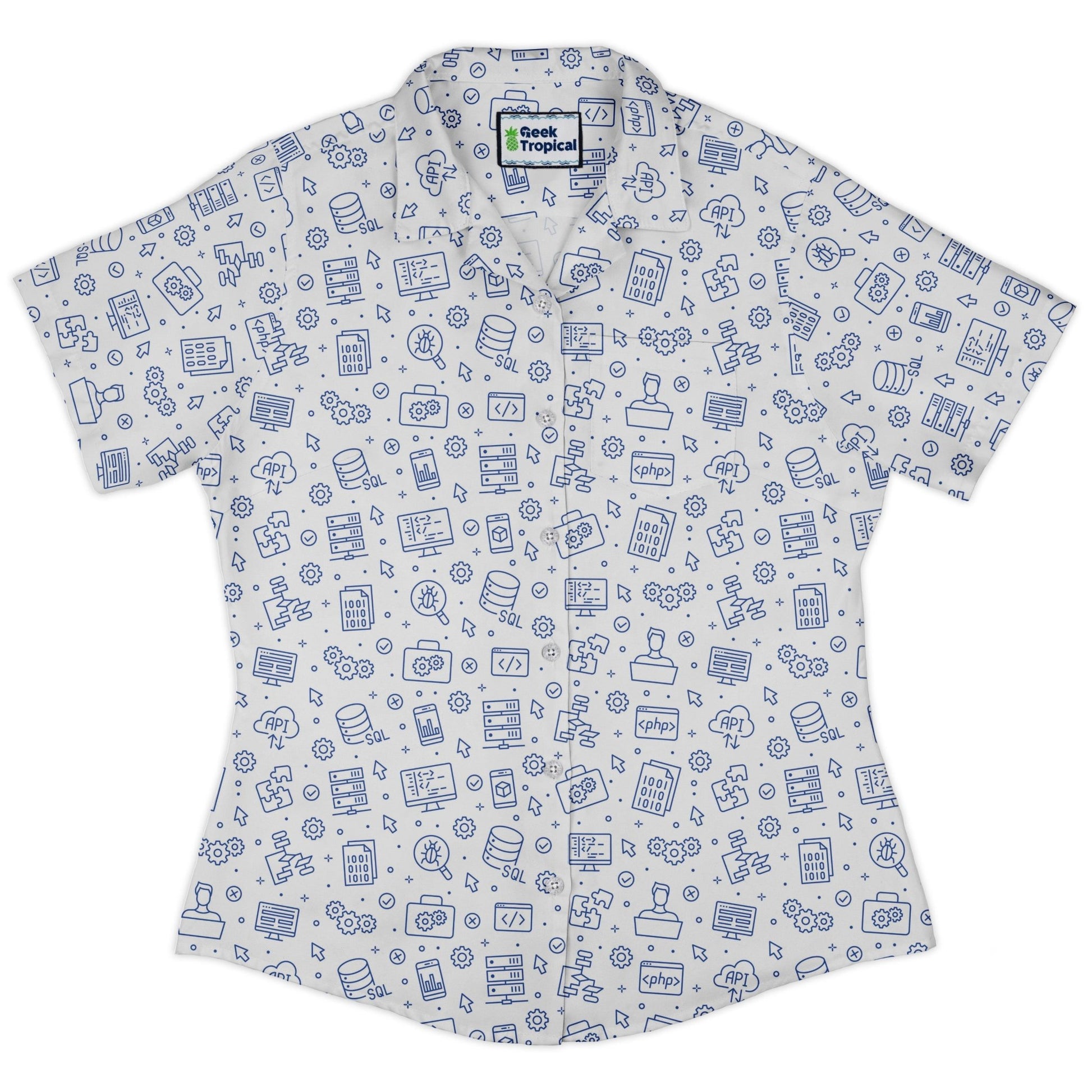 Computer Software Engineer White Curvy Button Up Shirt Geek Nerd computer print Simple Patterns women
