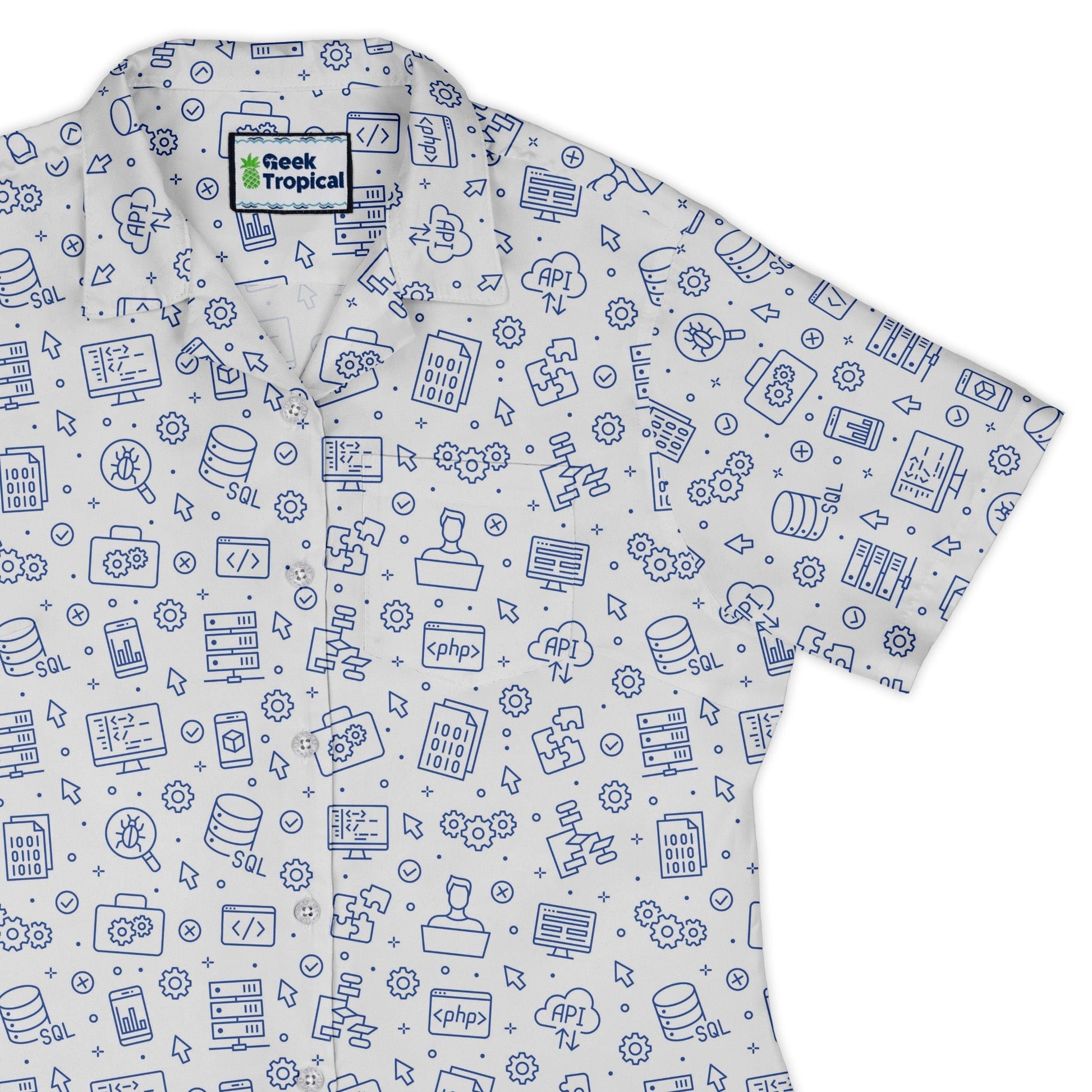 Computer Software Engineer White Curvy Button Up Shirt Geek Nerd computer print Simple Patterns women