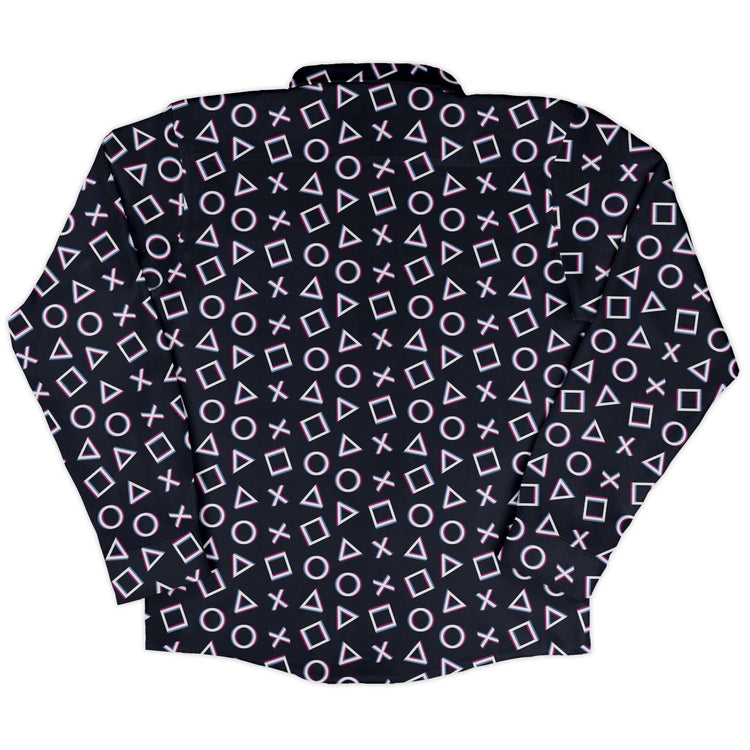 Controller Gamepad Buttons Gray Video Game Long Sleeve Button Up Shirt Geek Nerd adult sizing FLOW DESC WRITING Simple Patterns