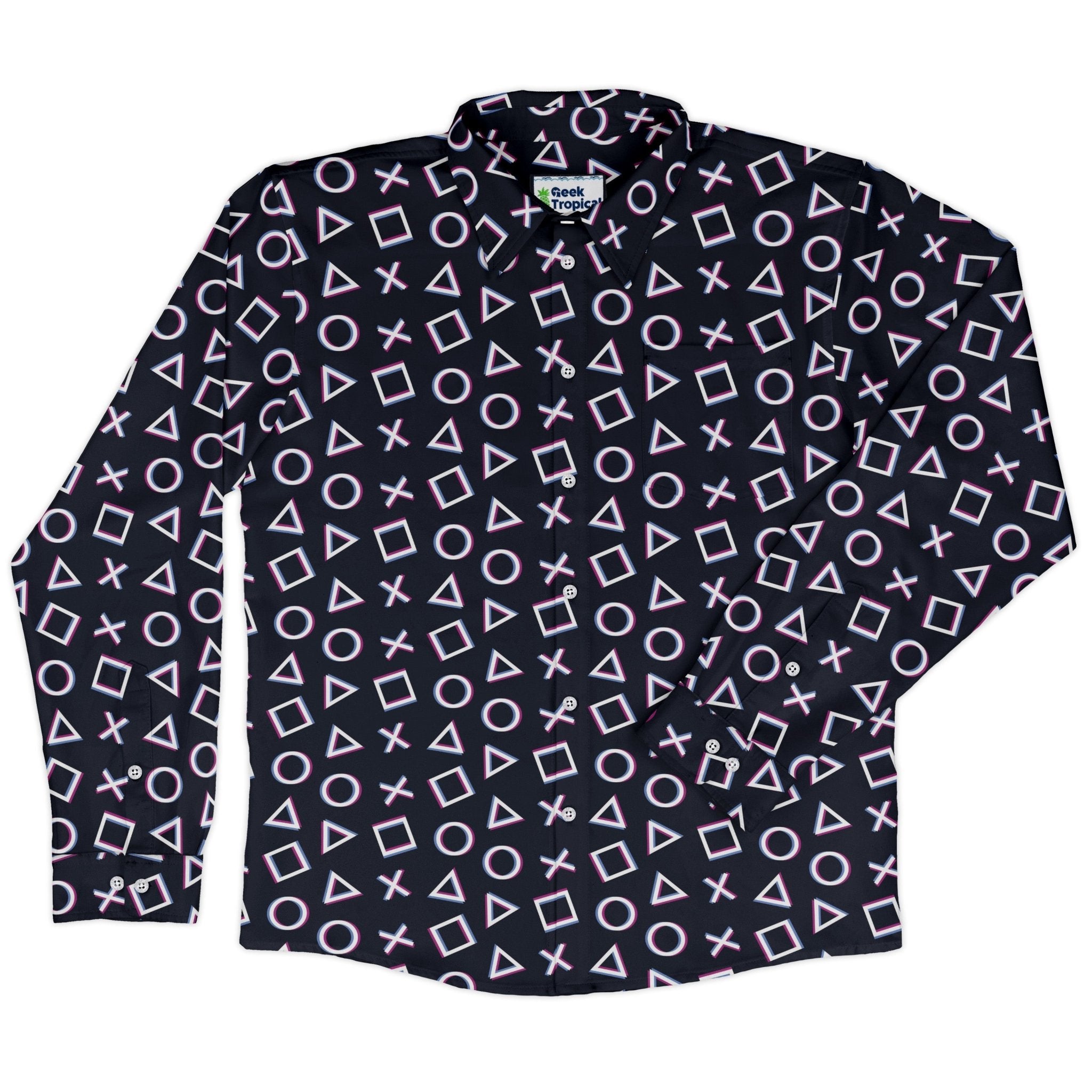 Controller Gamepad Buttons Gray Video Game Long Sleeve Button Up Shirt Geek Nerd adult sizing FLOW DESC WRITING Simple Patterns