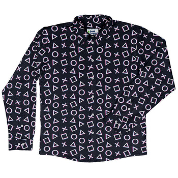 Controller Gamepad Buttons Gray Video Game Long Sleeve Button Up Shirt Geek Nerd adult sizing FLOW DESC WRITING Simple Patterns