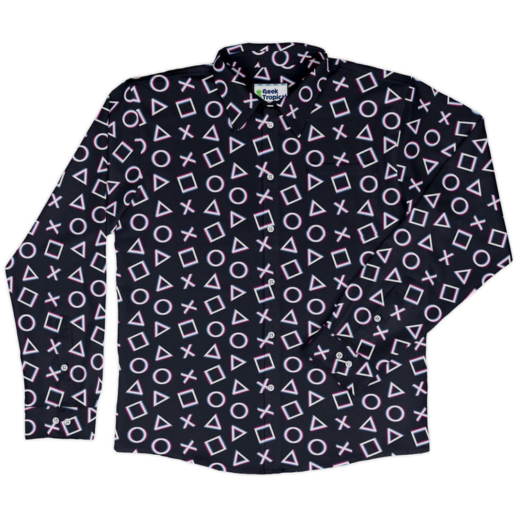 Controller Gamepad Buttons Gray Video Game Long Sleeve Button Up Shirt Geek Nerd adult sizing FLOW DESC WRITING Simple Patterns