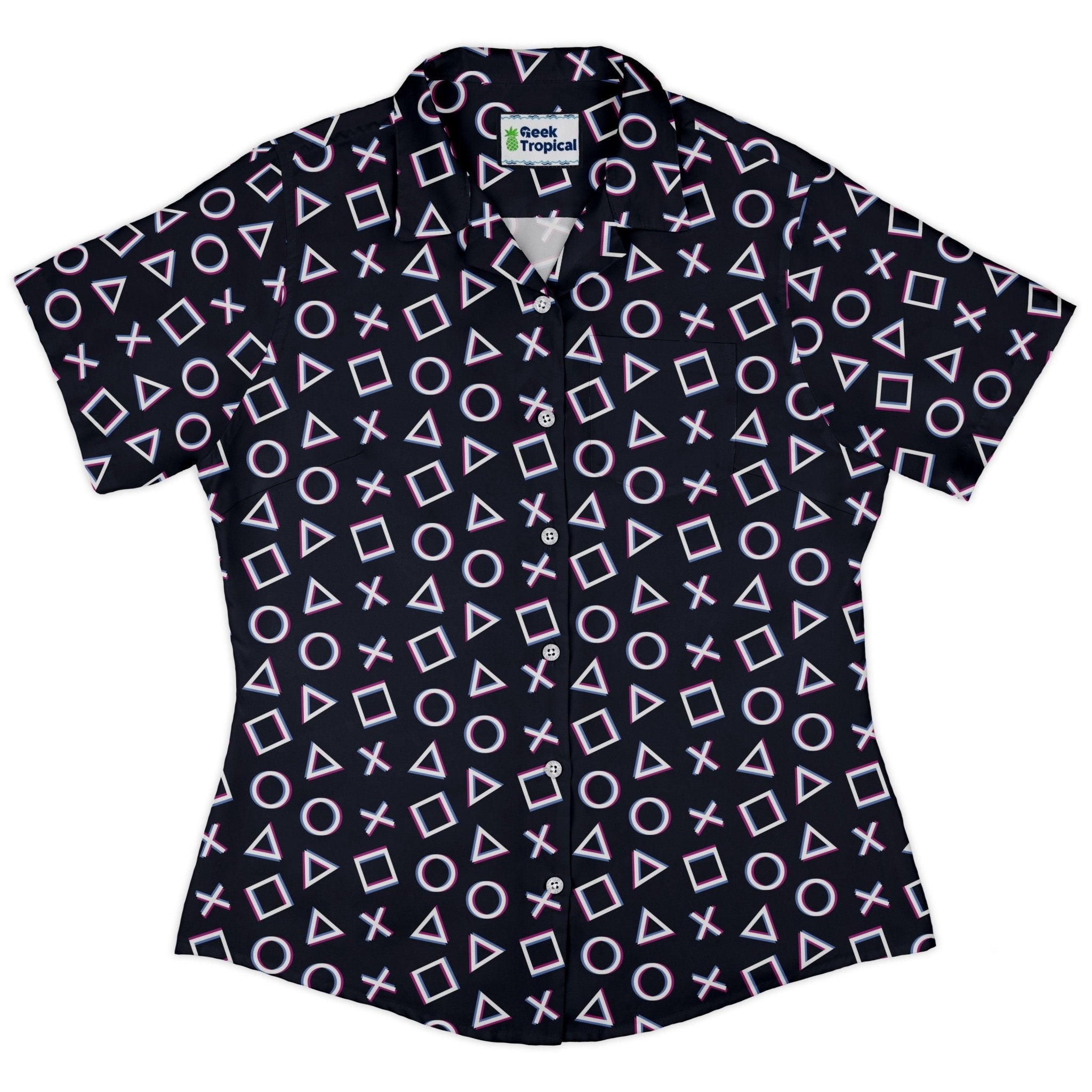 Controller Gamepad Buttons Gray Video Game Curvy Button Up Shirt Geek Nerd Simple Patterns video game arcade print women