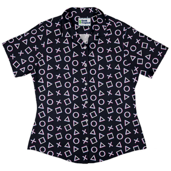 Controller Gamepad Buttons Gray Video Game Curvy Button Up Shirt Geek Nerd Simple Patterns video game arcade print women