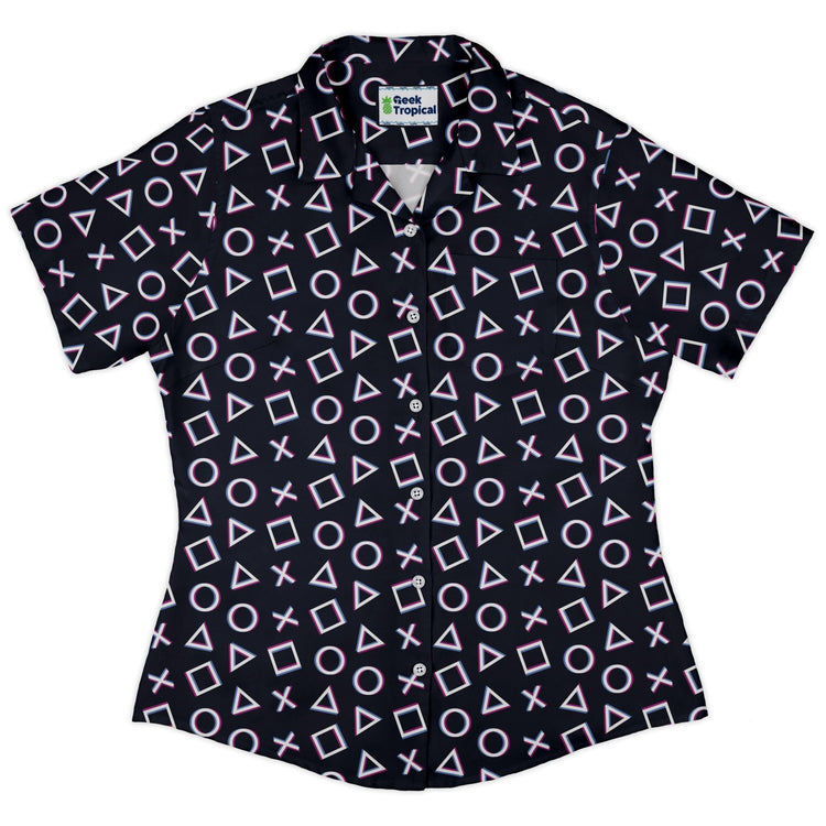 Controller Gamepad Buttons Gray Video Game Curvy Button Up Shirt Geek Nerd Simple Patterns video game arcade print women
