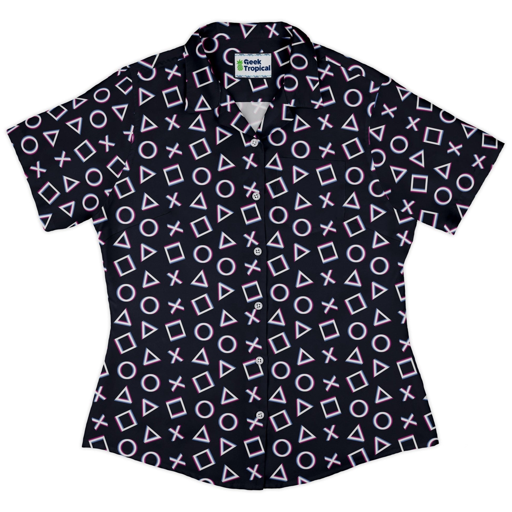 Controller Gamepad Buttons Gray Video Game Curvy Button Up Shirt Geek Nerd Simple Patterns video game arcade print women
