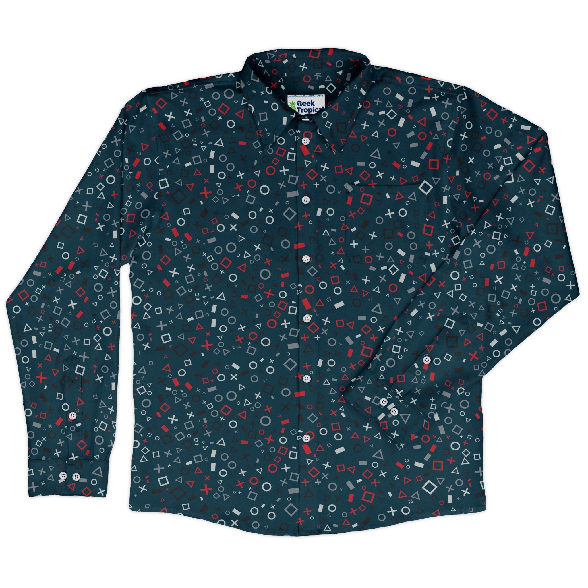 Controller Gamepad Icons Teal Video Game Long Sleeve Button Up Shirt Geek Nerd adult sizing FLOW DESC WRITING Simple Patterns