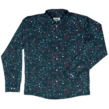 Controller Gamepad Icons Teal Video Game Long Sleeve Button Up Shirt Geek Nerd adult sizing FLOW DESC WRITING Simple Patterns