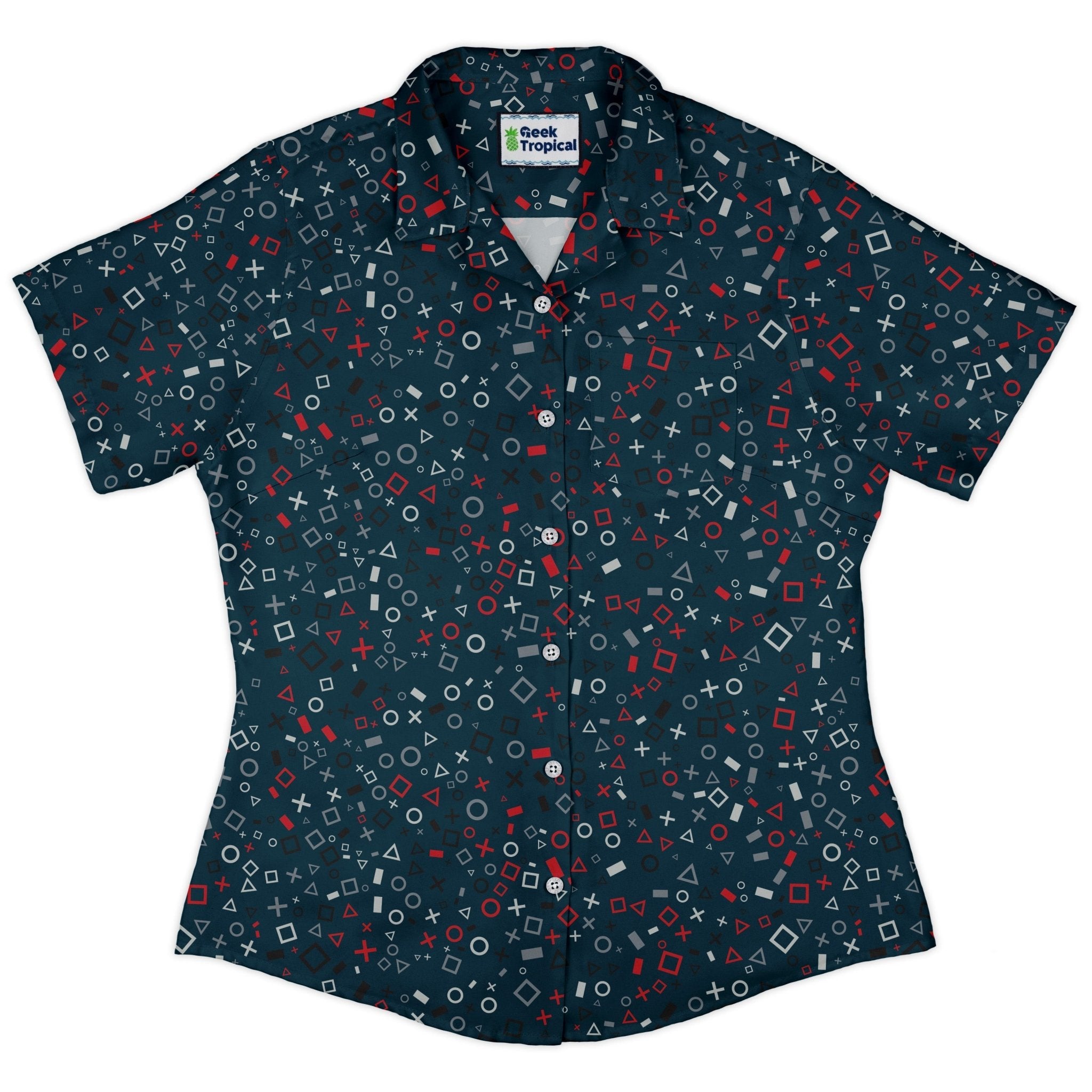 Controller Gamepad Icons Teal Video Game Curvy Button Up Shirt Geek Nerd Simple Patterns video game arcade print women