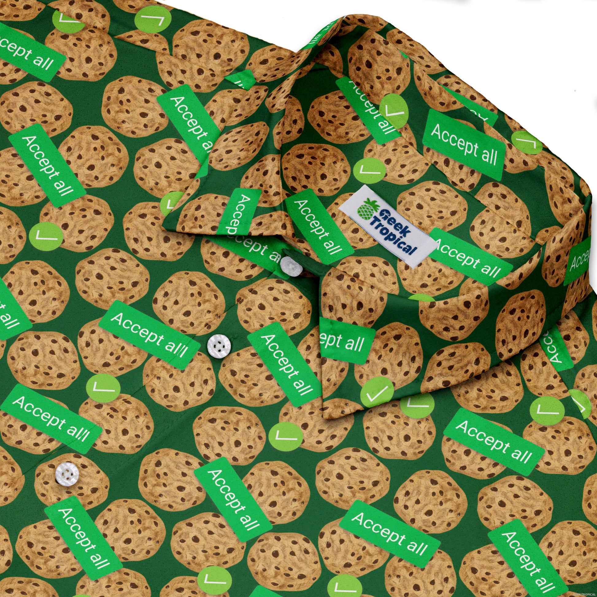 Cookie Policy Green Button Up Shirt Neck