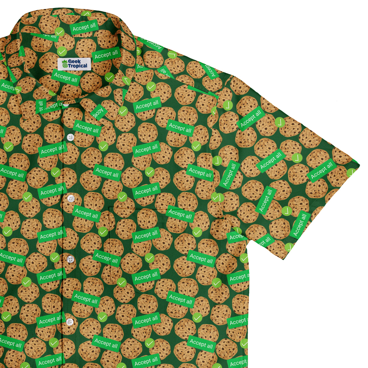 Cookie Policy Green Button Up Shirt Top Corner