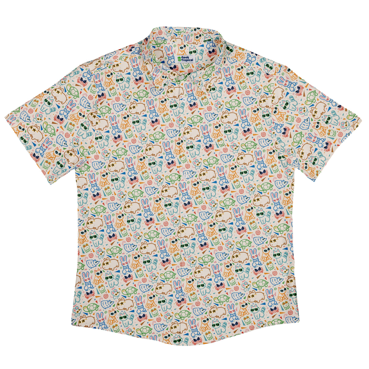 Cool Doodle Animal Parade Button Up Shirt Flat Front