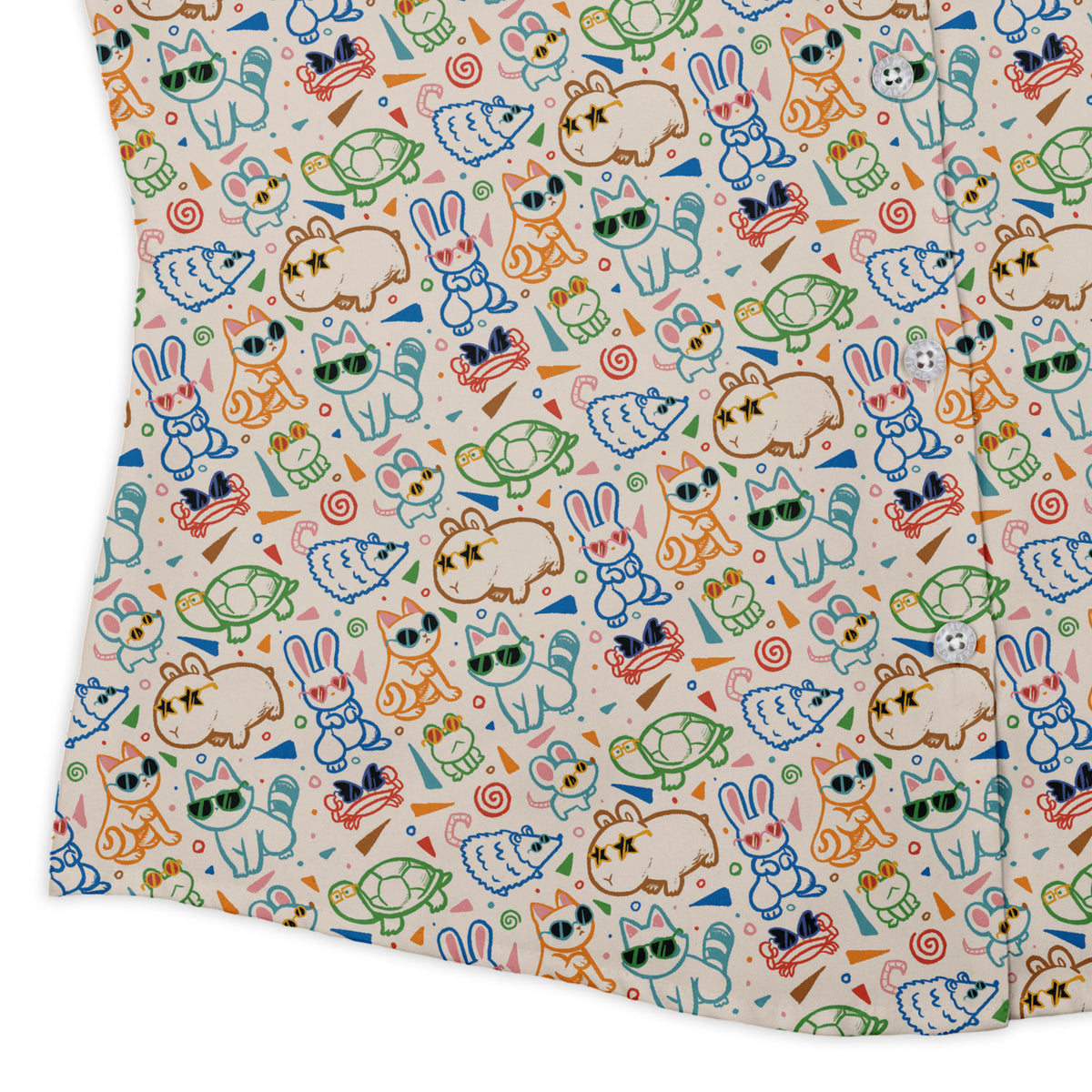 Cool Doodle Animal Parade Curvy Button Up Shirt womens corner