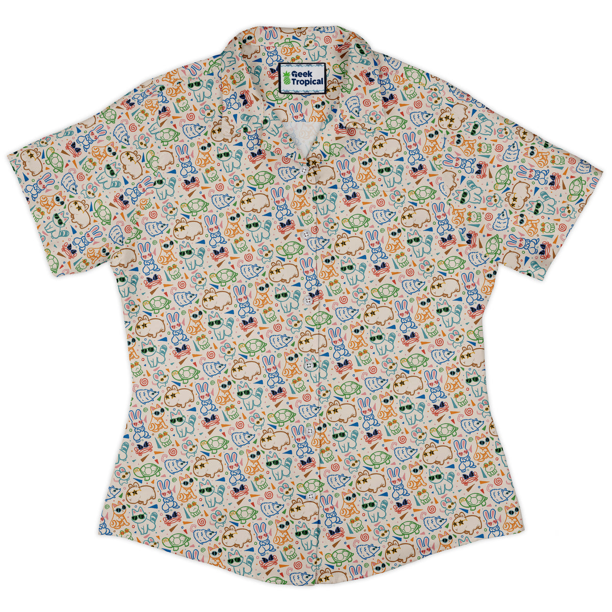 Cool Doodle Animal Parade Curvy Button Up Shirt womens front