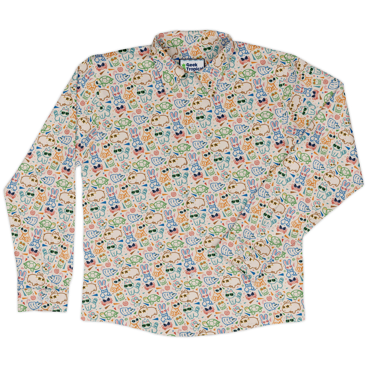 Cool Doodle Animal Parade Long Sleeve Button Up Shirt front