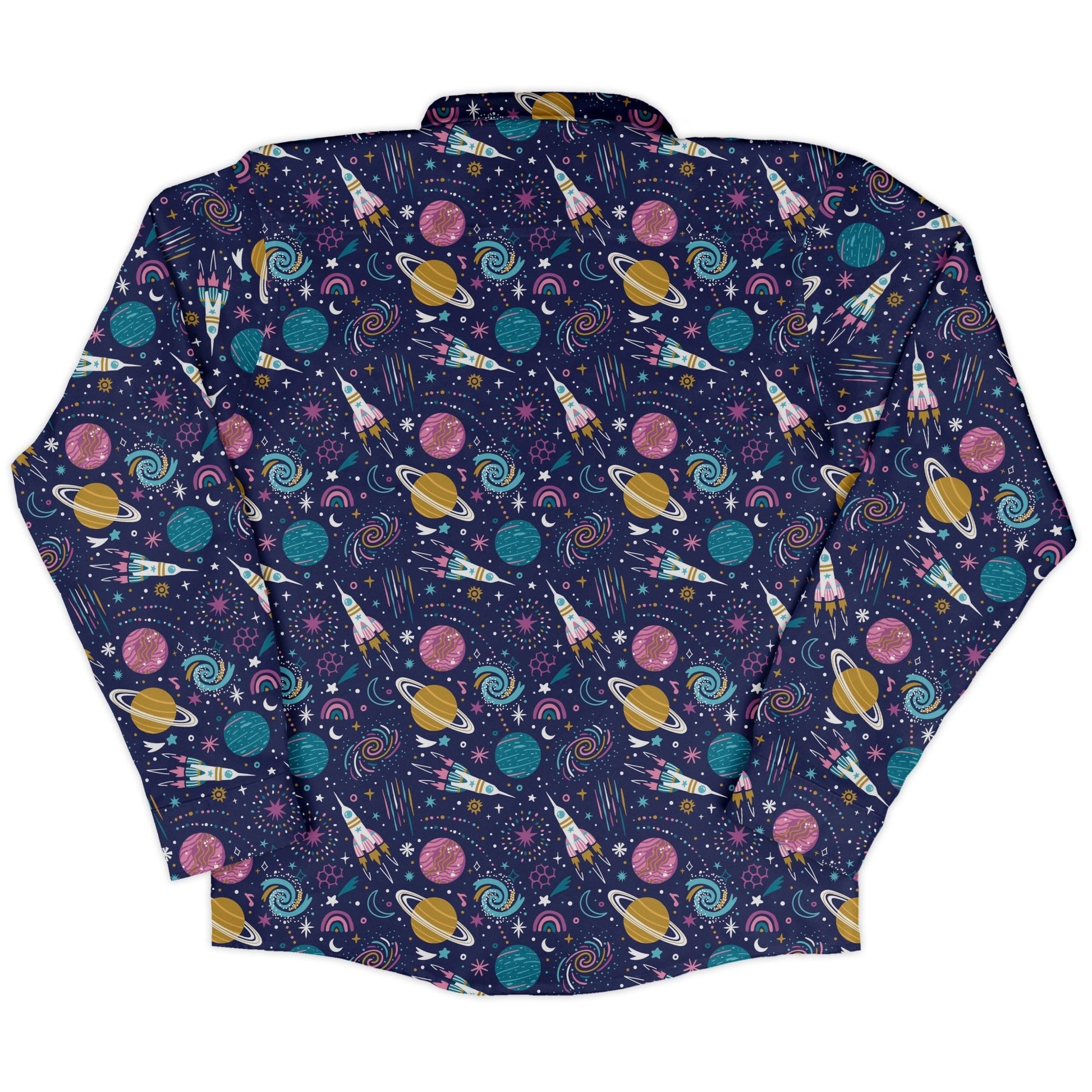 Cosmic Cute Outer Space Long Sleeve Button Up Shirt Geek Nerd adult sizing FLOW DESC WRITING Maximalist Patterns