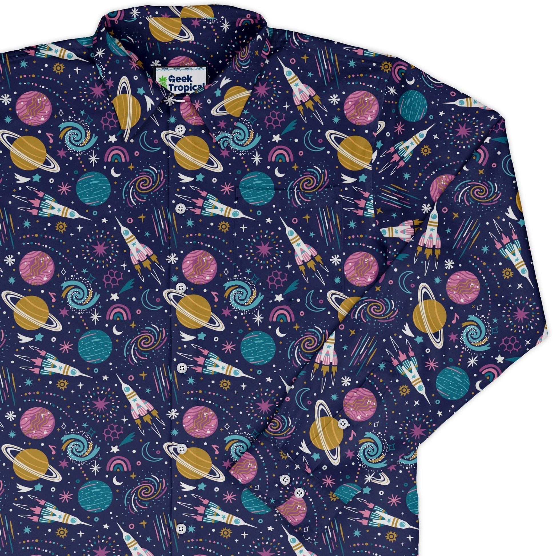 Cosmic Cute Outer Space Long Sleeve Button Up Shirt Geek Nerd adult sizing FLOW DESC WRITING Maximalist Patterns