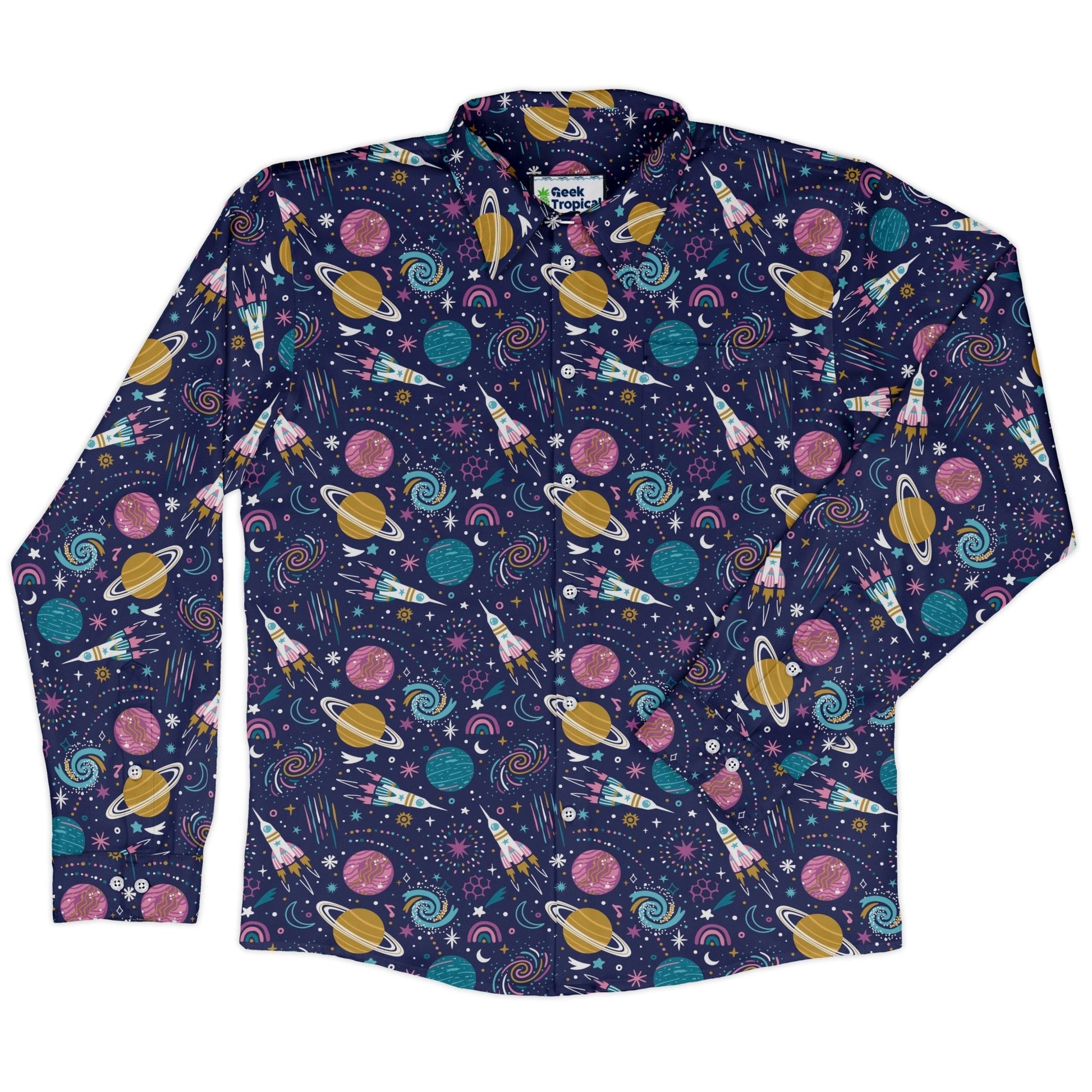 Cosmic Cute Outer Space Long Sleeve Button Up Shirt Geek Nerd adult sizing FLOW DESC WRITING Maximalist Patterns