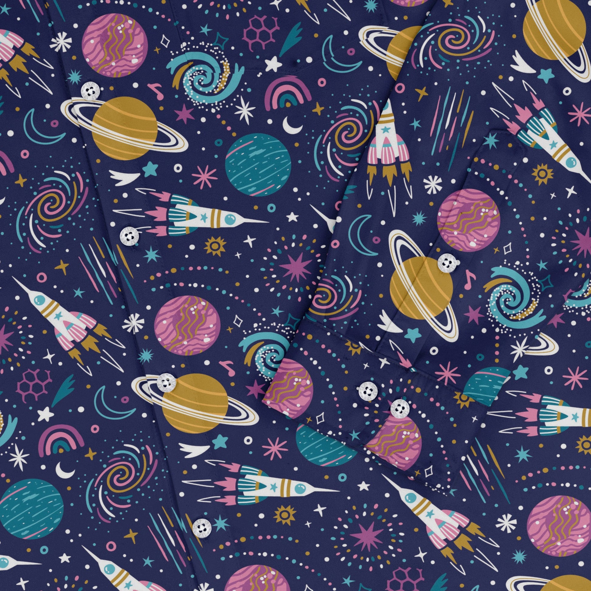 Cosmic Cute Outer Space Long Sleeve Button Up Shirt Geek Nerd adult sizing FLOW DESC WRITING Maximalist Patterns