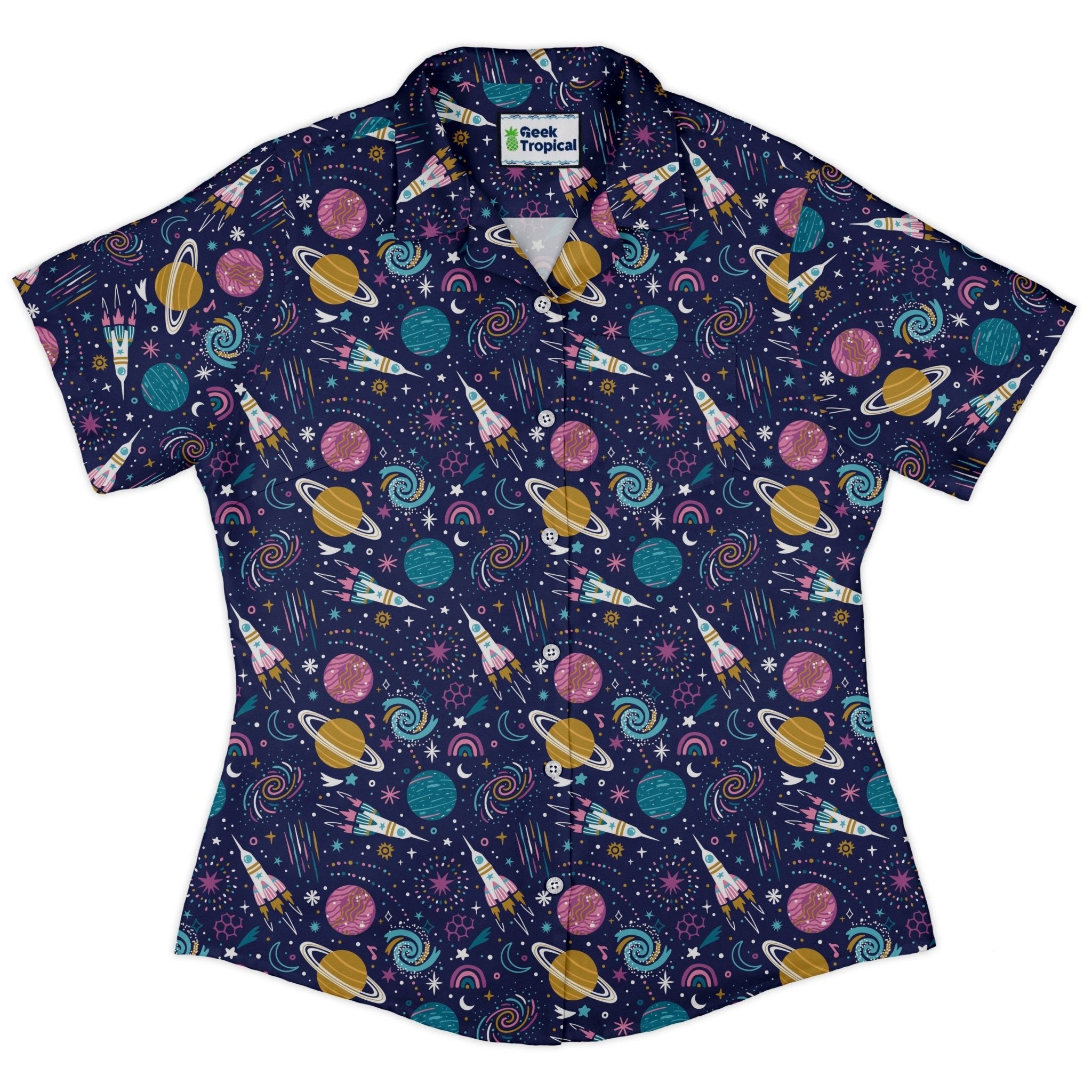 Cosmic Cute Outer Space Curvy Button Up Shirt Geek Nerd Maximalist Patterns outer space & astronaut print women