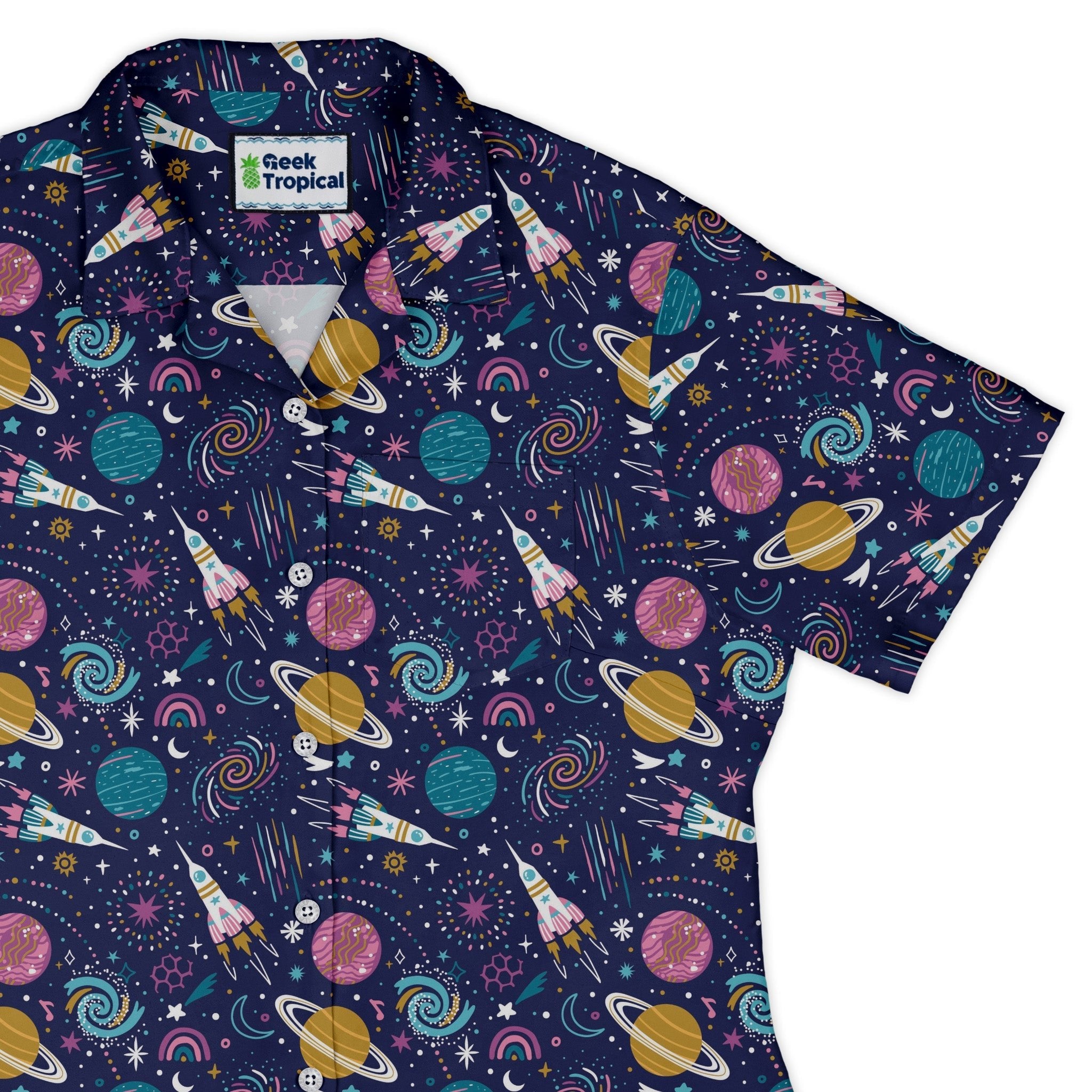 Cosmic Cute Outer Space Curvy Button Up Shirt Geek Nerd Maximalist Patterns outer space & astronaut print women