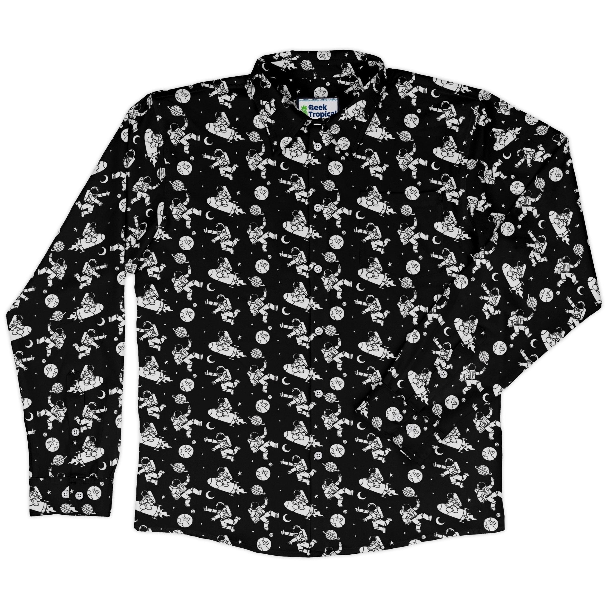 Cosmic Explorers Space Long Sleeve Button Up Shirt Geek Nerd adult sizing Design by Tobe Fonseca FLOW DESC WRITING