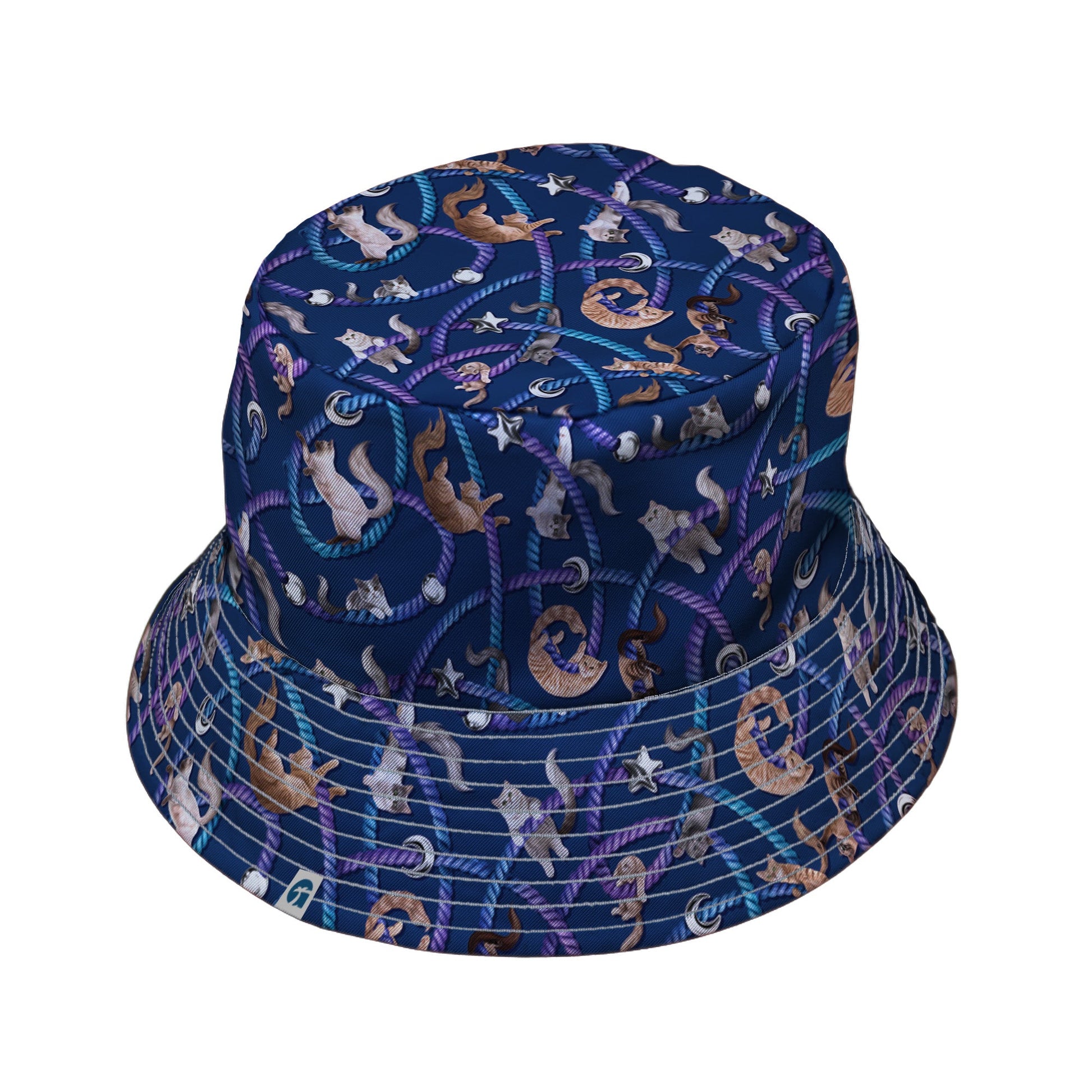 Cosmic Yarn Cats Blue Bucket Hat Gray Stitching
