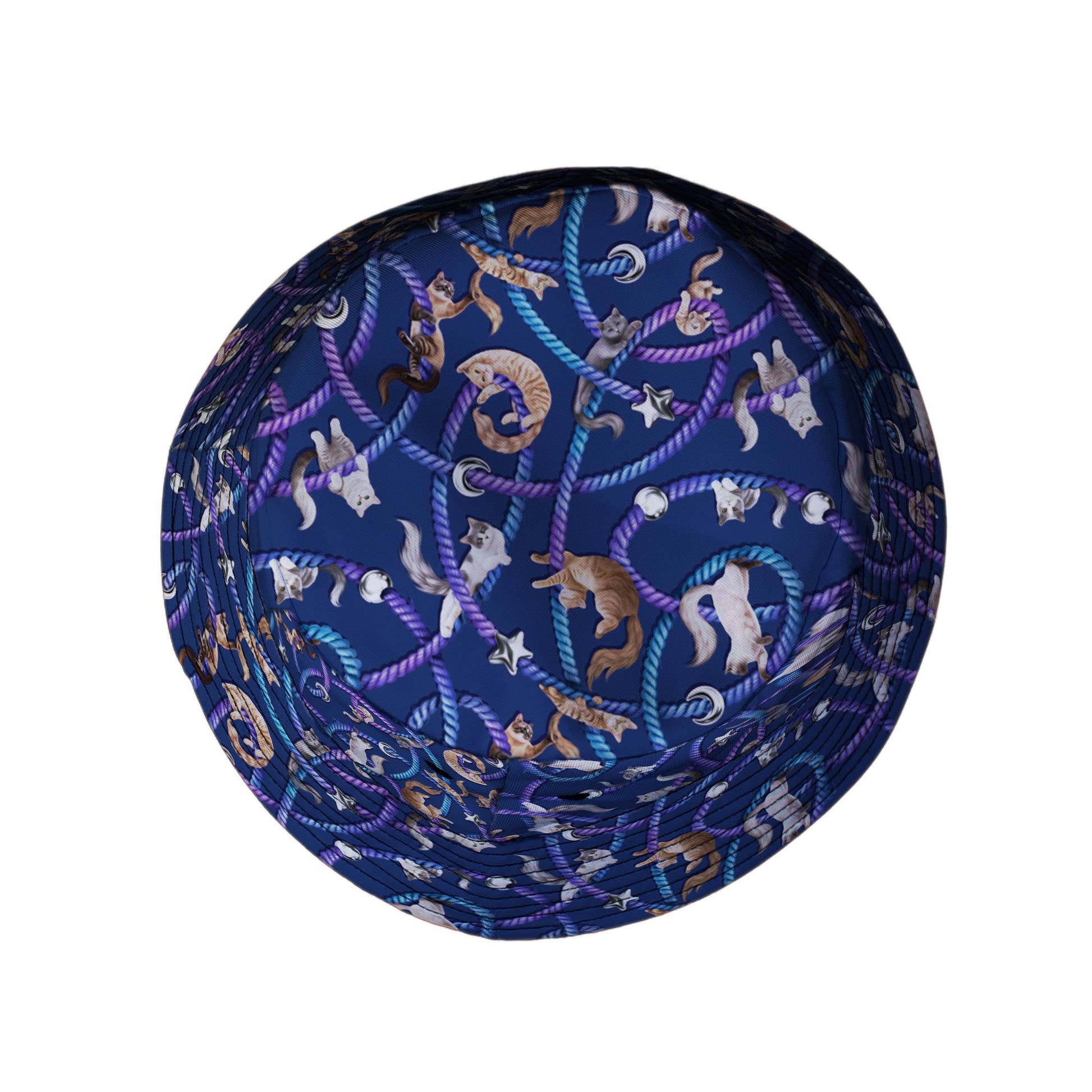 Cosmic Yarn Cats Blue Bucket Hat Top View