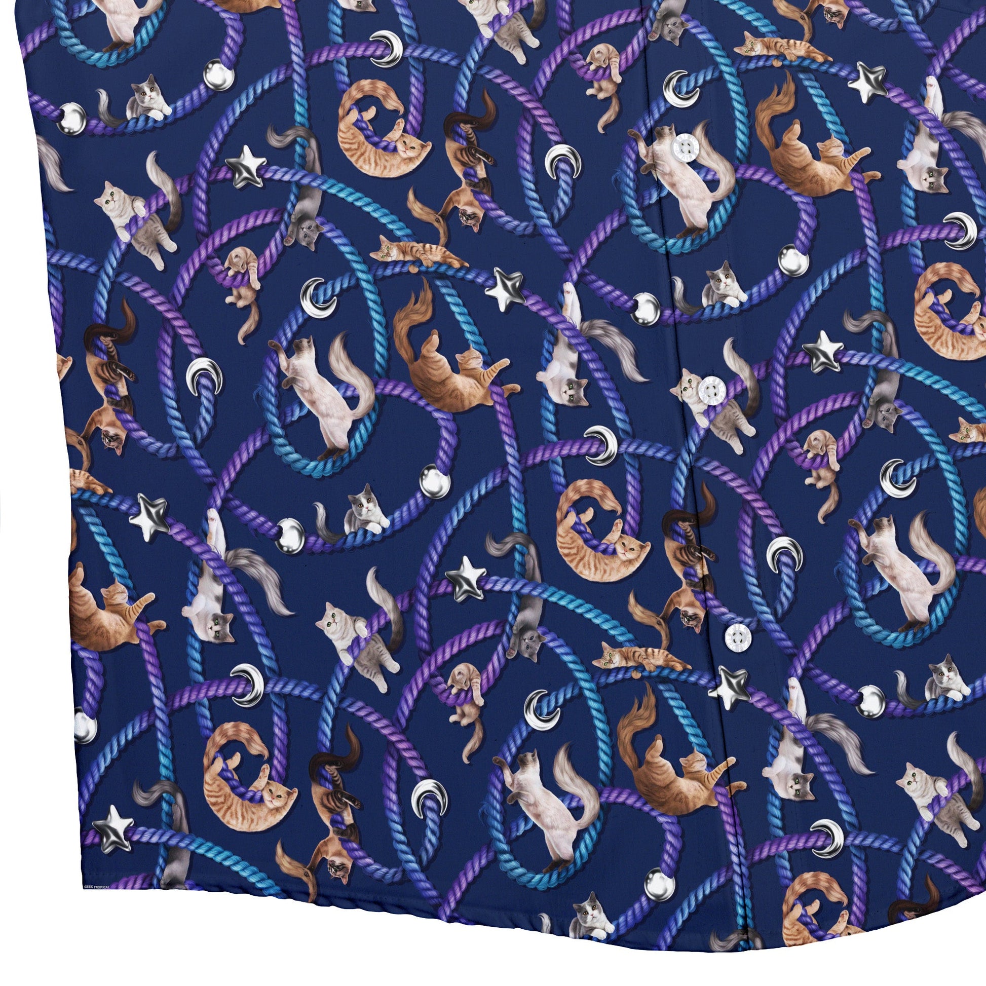 Cosmic Yarn Cats Blue Button Up Shirt Bottom Corner